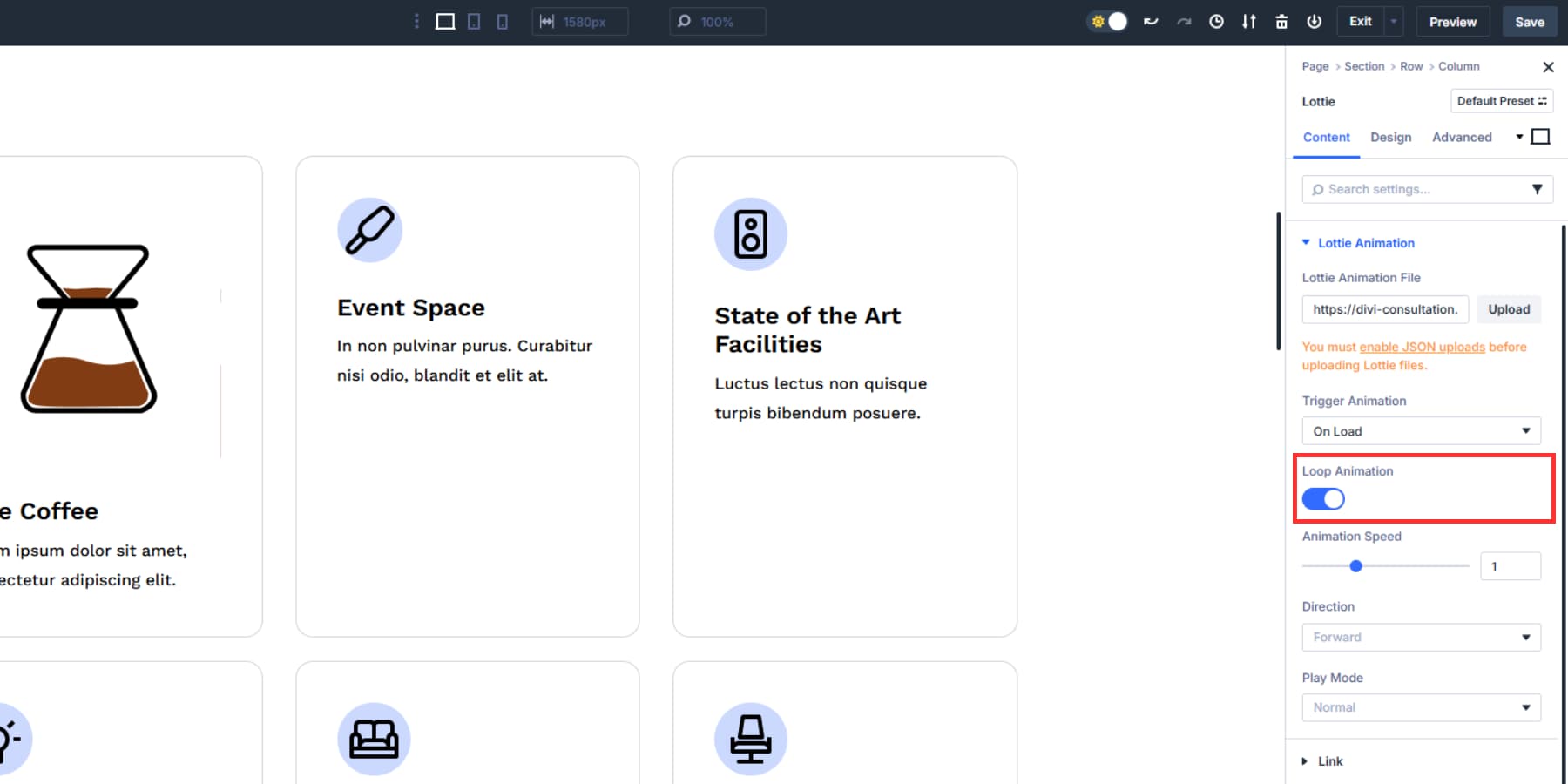 A screenshot of where to find the loop animation option in Divi 5