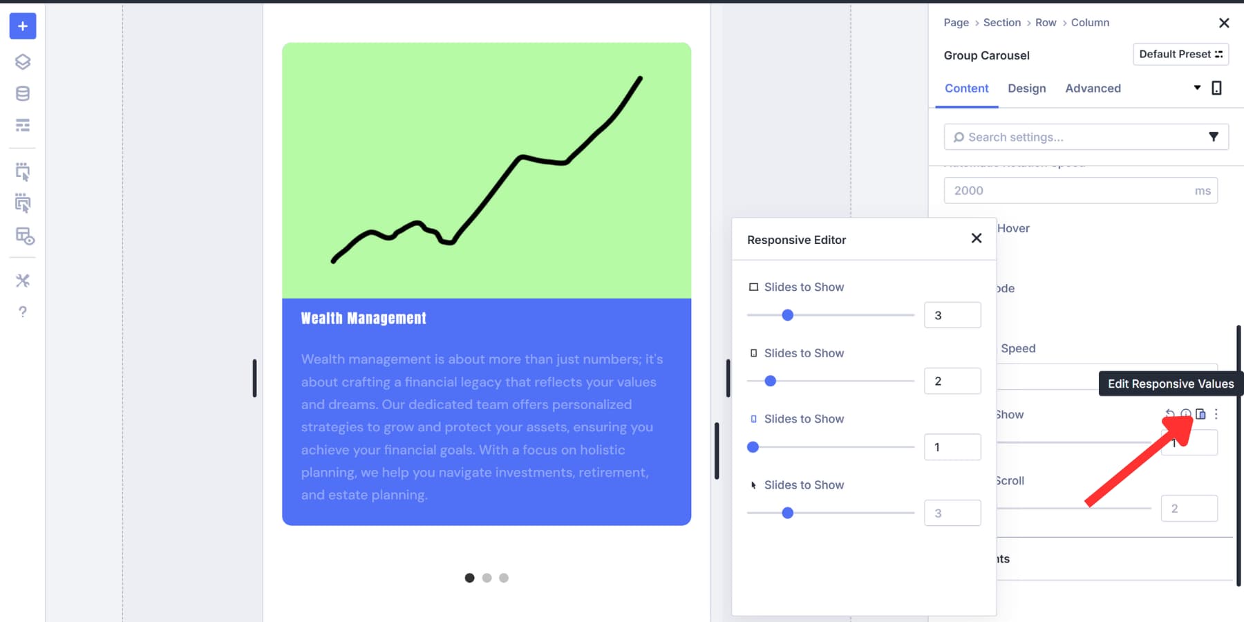 A screenshot of where to find the responsive editor option and make changes to carousel display in Divi 5