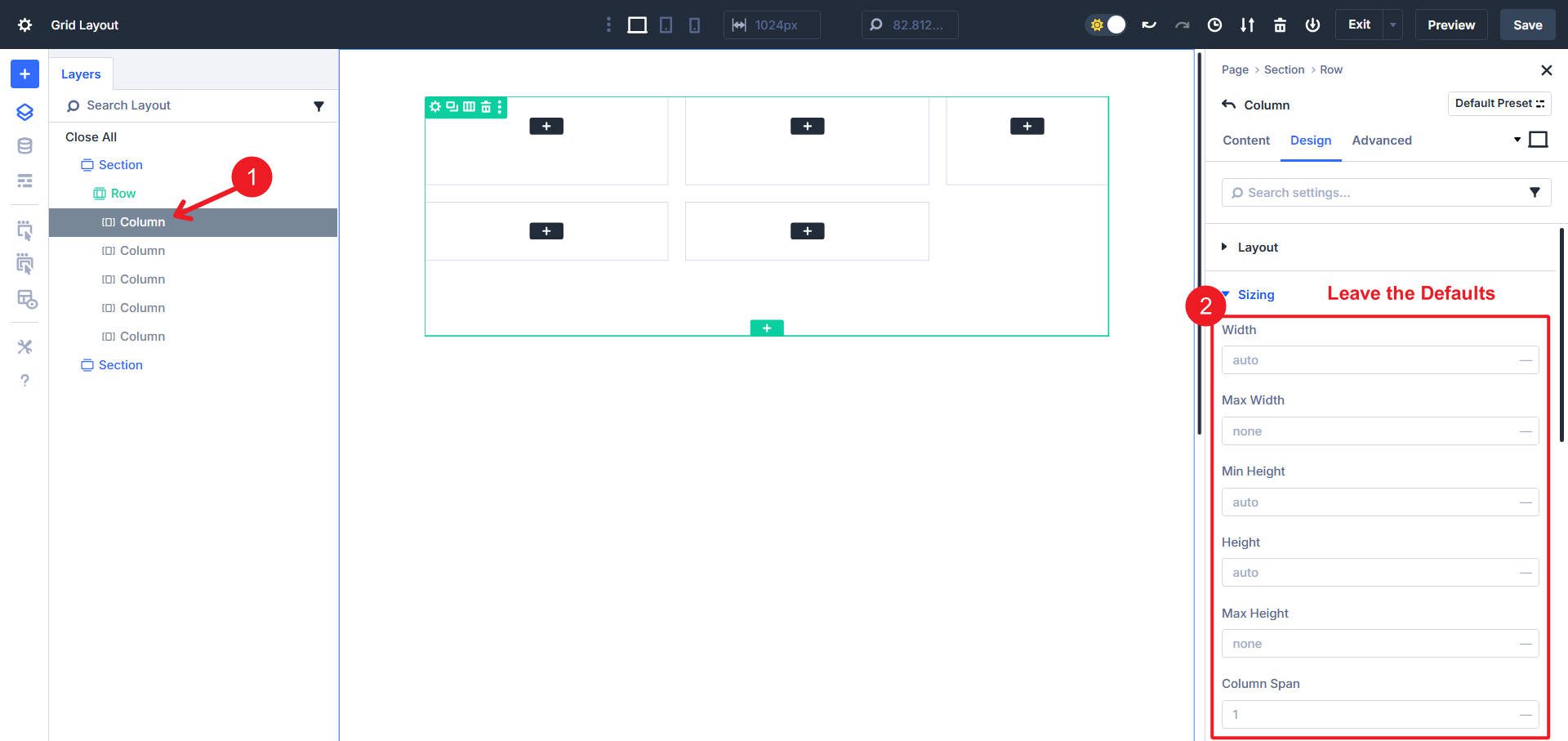 Column 1 - Leave Default Sizing Settings