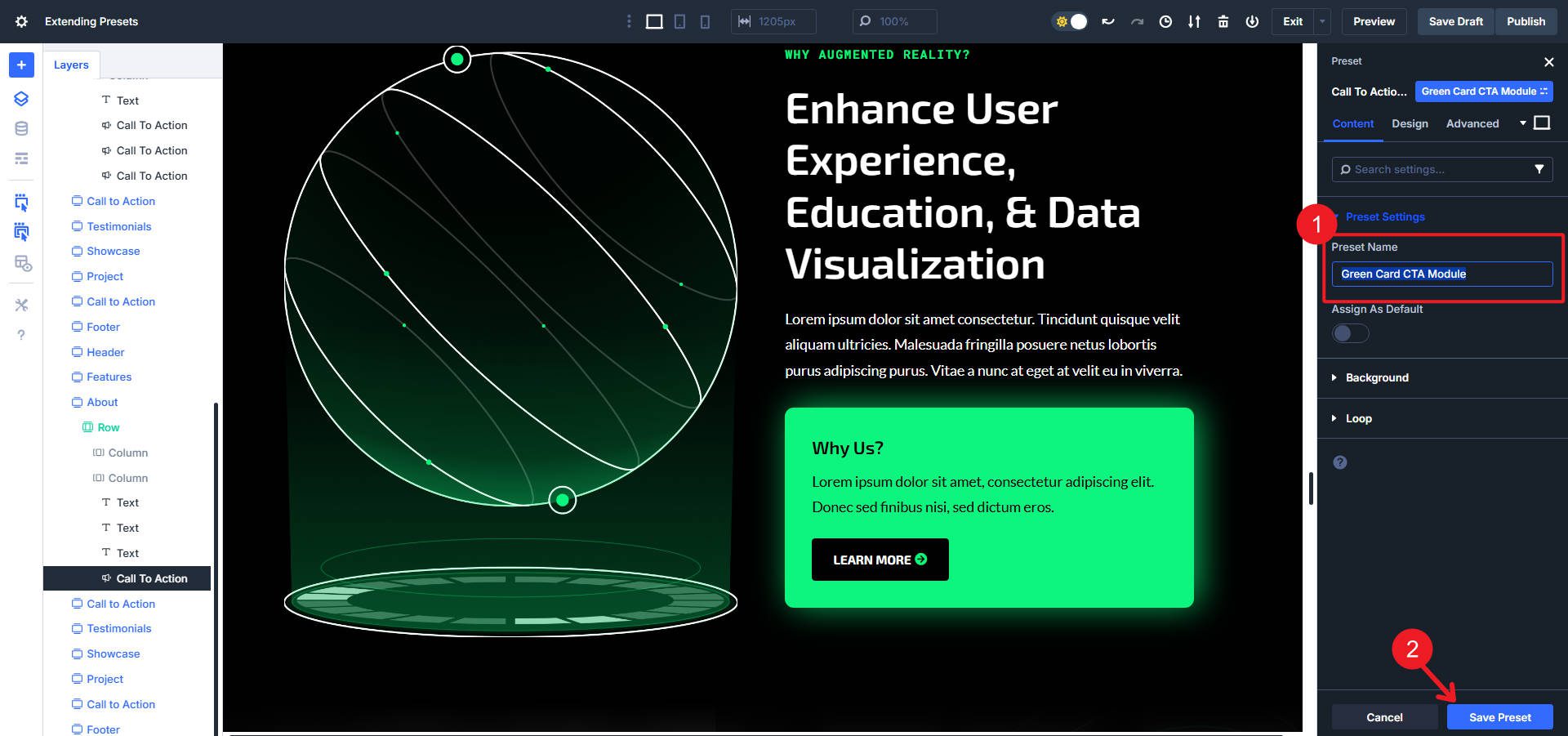 Creating a New Element Preset from Current Styles Steps 3-4