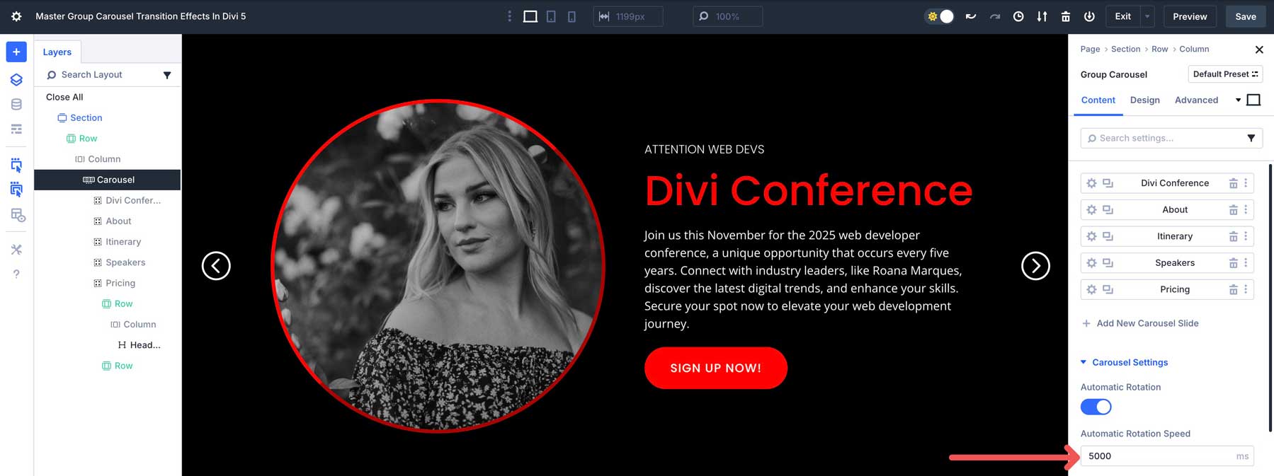 Group Carousel transition effects in Divi 5