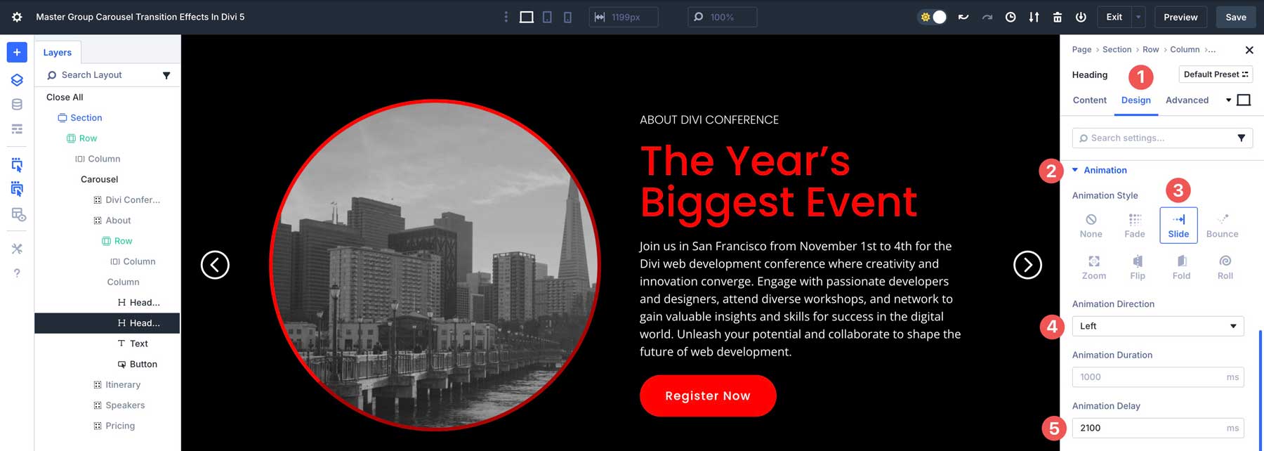 Group Carousel transition effects in Divi 5