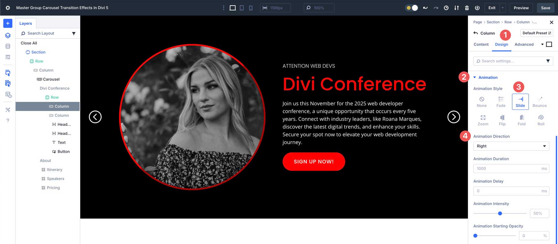 Group Carousel transition effects in Divi 5