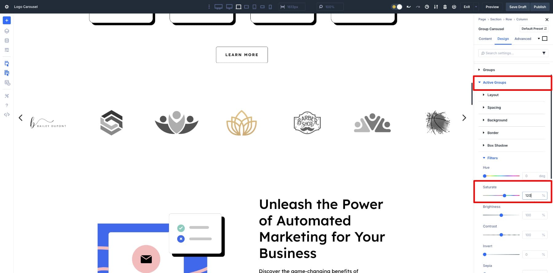 saturate increase of the active slide