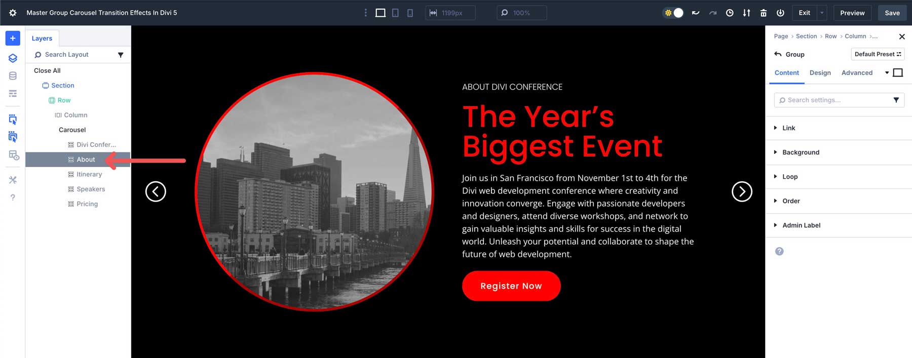 Group Carousel transition effects in Divi 5