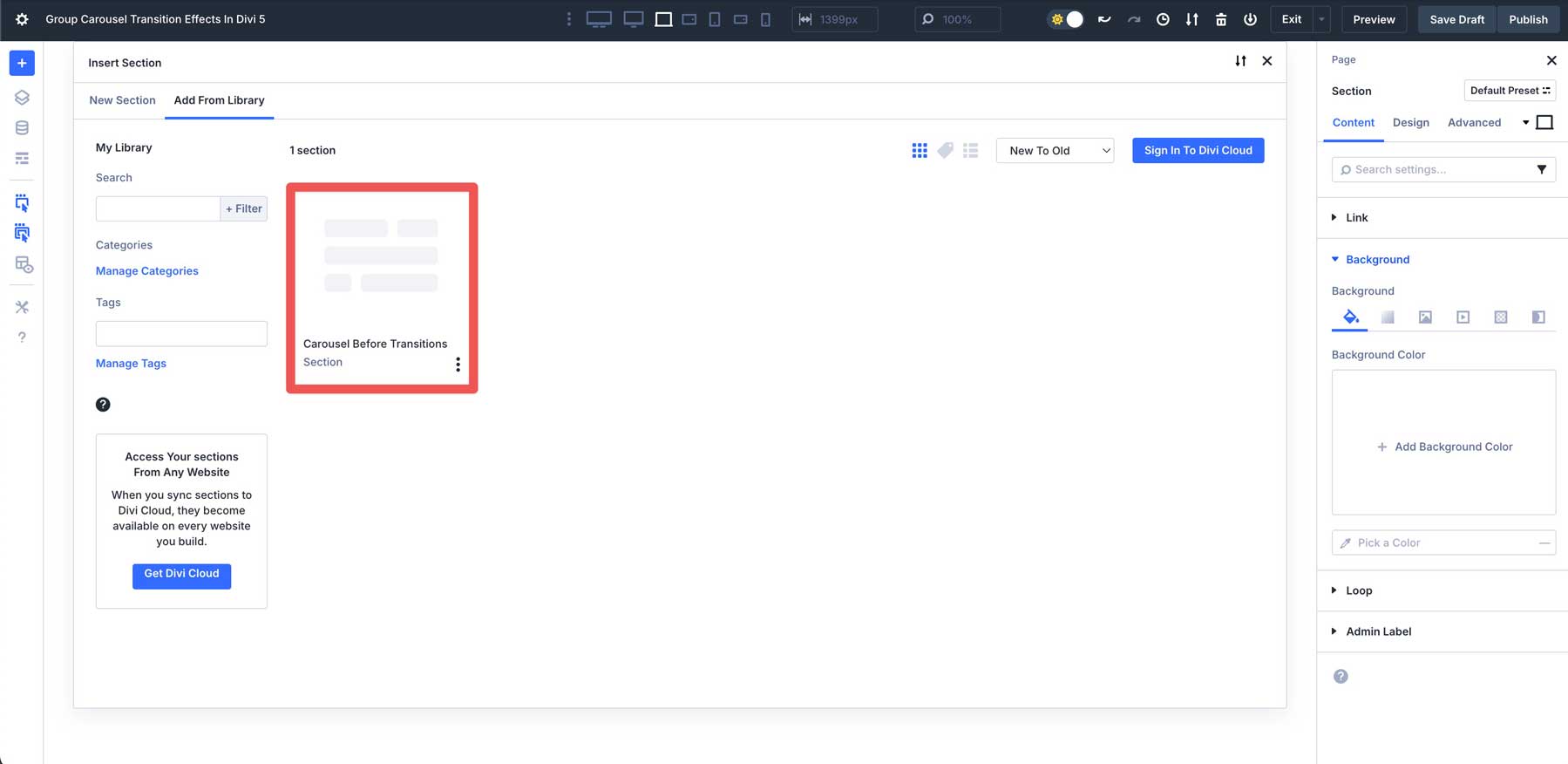 Group Carousel transition effects in Divi 5