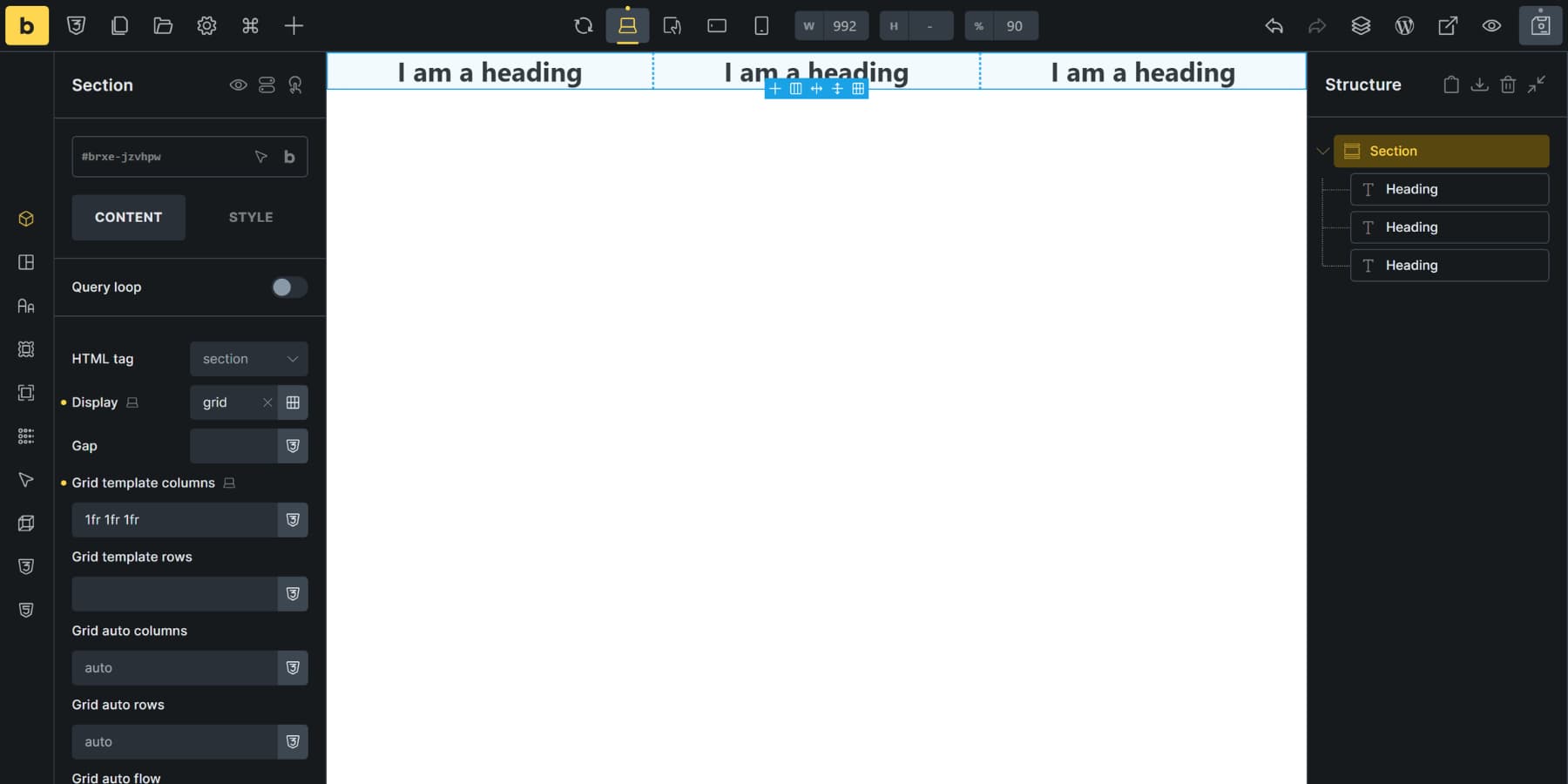 A screenshot of applying grids in Bricks Builder