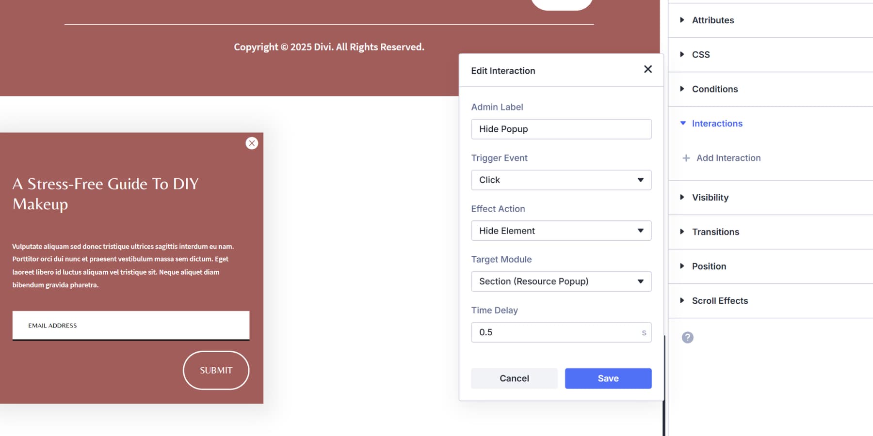 A screenshot of the close icon interaction settings within the popup