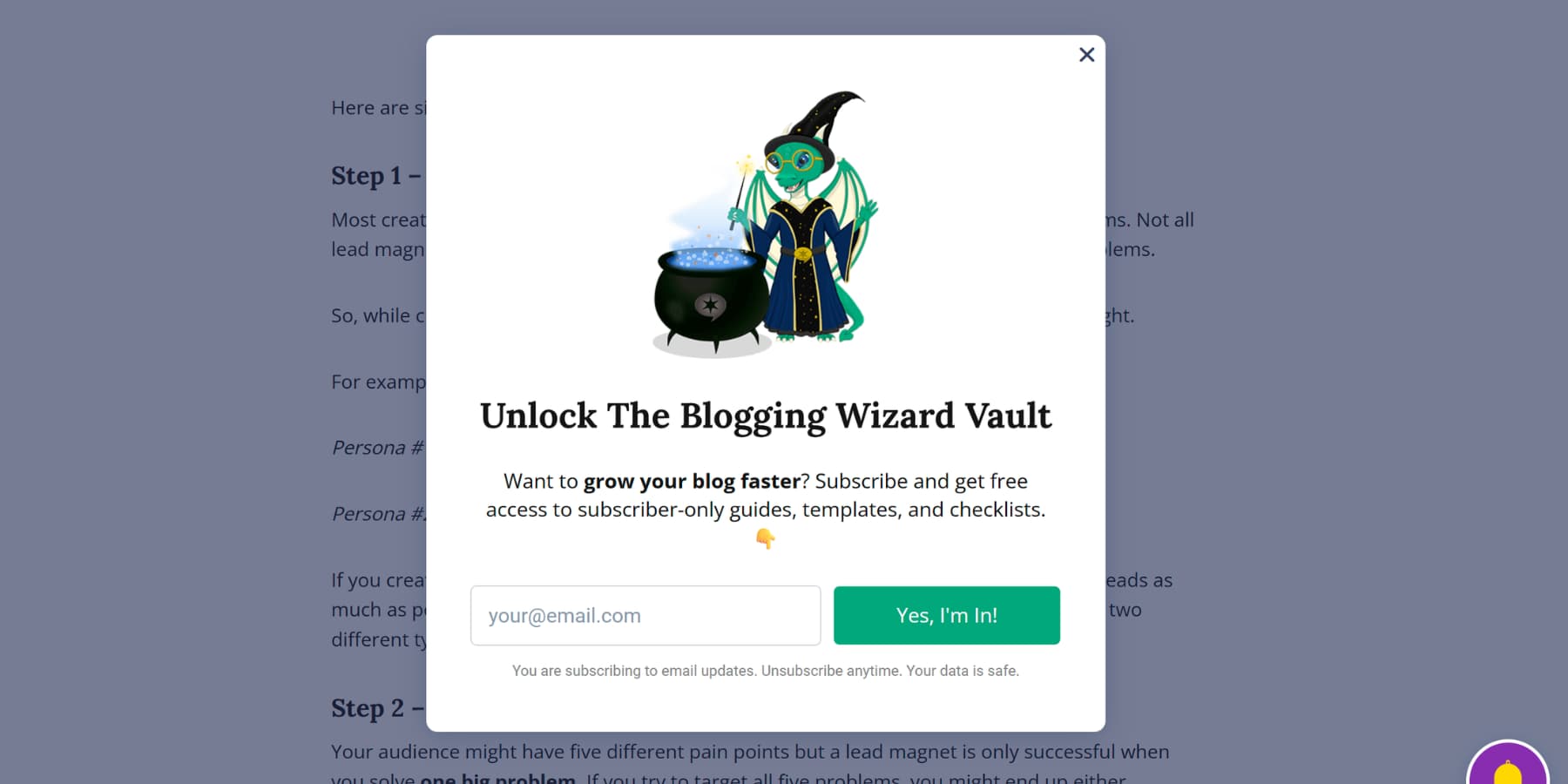 A screenshot of offering resources popup in the Blogging Wizard Vault website