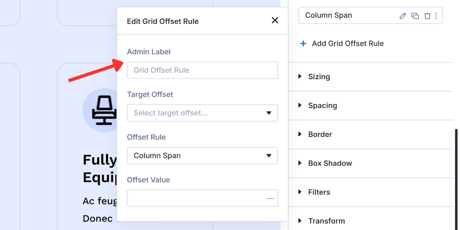 A screenshot of the admin label option under grid offset rules in Divi 5