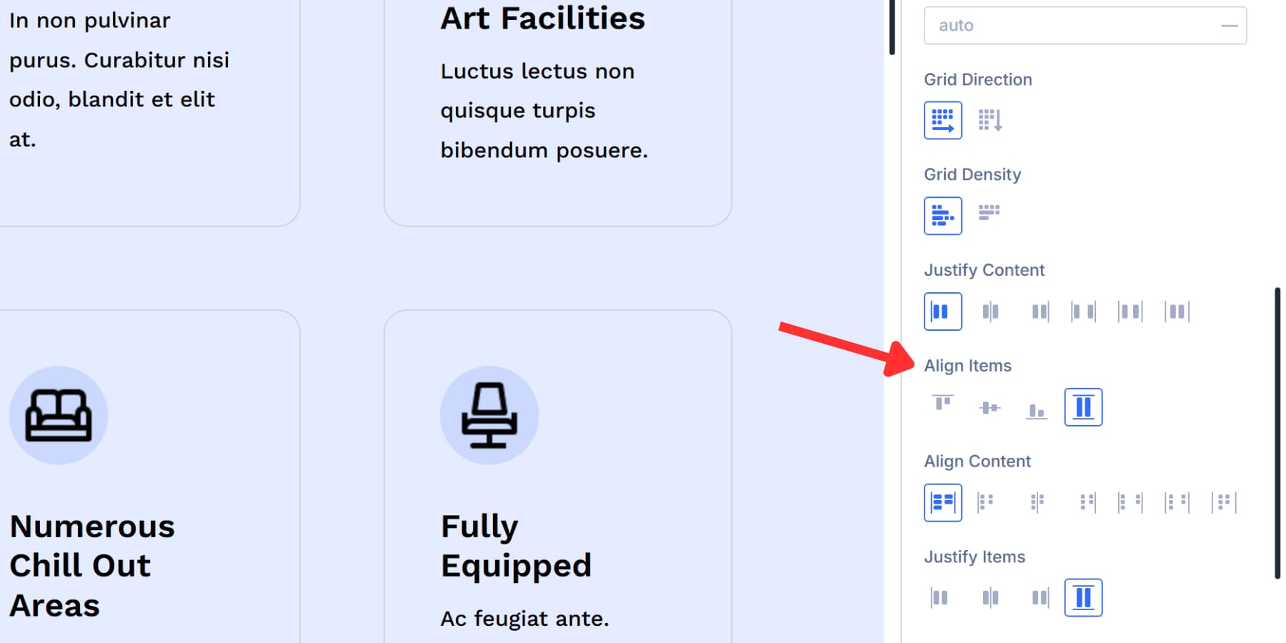 A screenshot of the align items option in Divi 5's grid options
