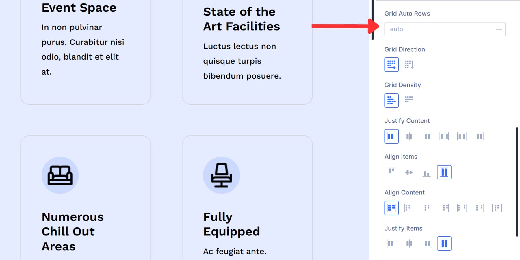A screenshot of the grid auto rows option in Divi 5's grid options