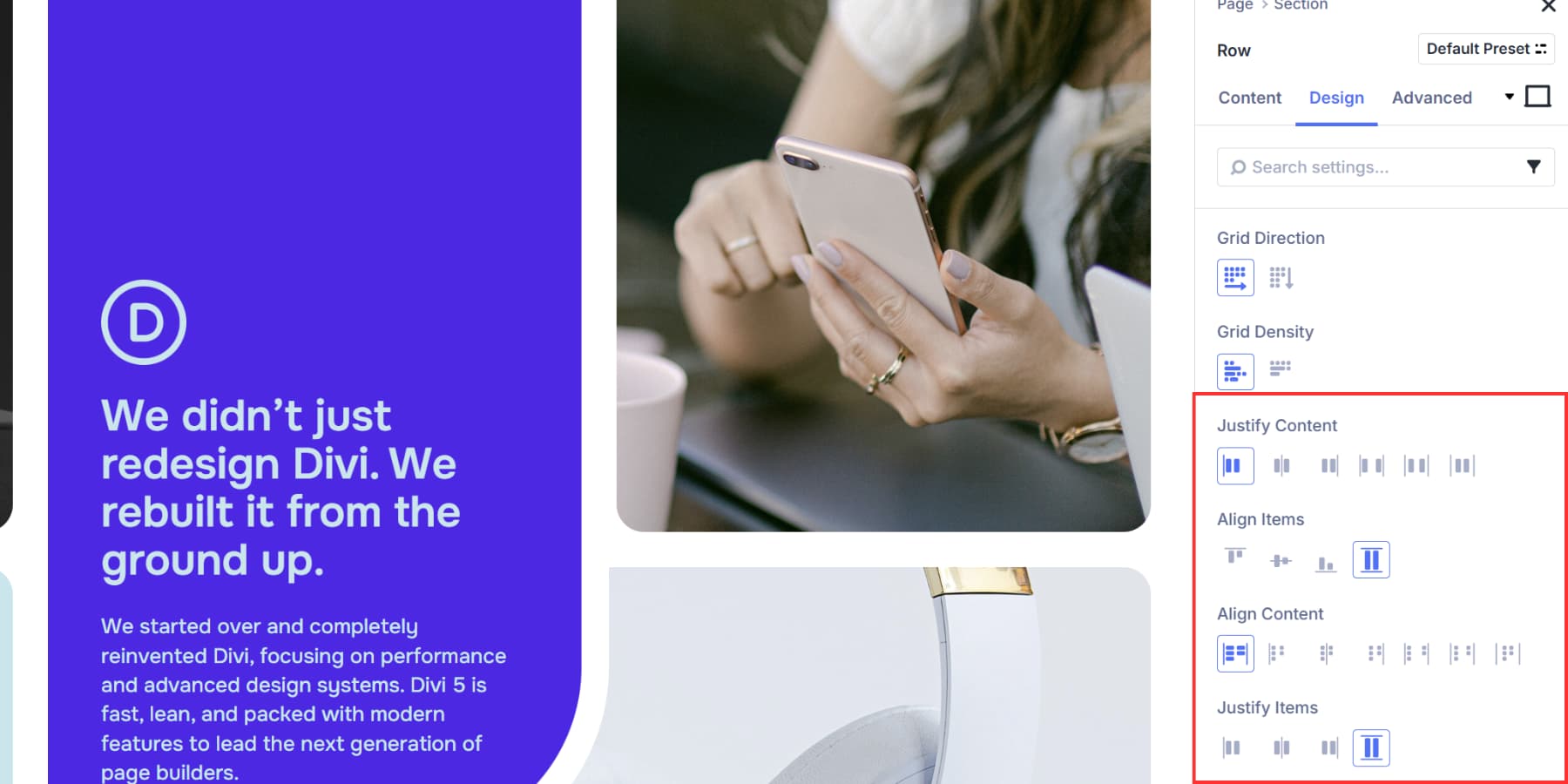 A screenshot of the justify content and items and align items and content options in Divi 5