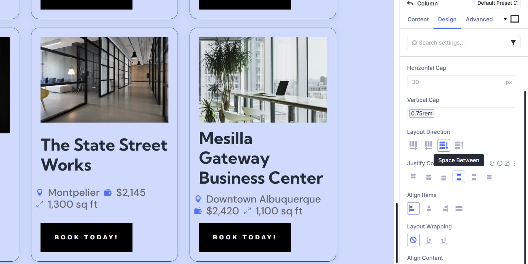 A screenshot of the justify content option being set to space between for proper alignment of content and buttons