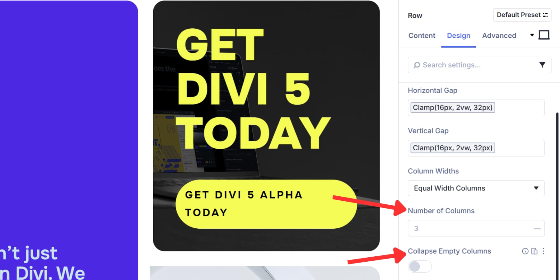 A screenshot of the number of columns and collapse empty columns option in Divi 5