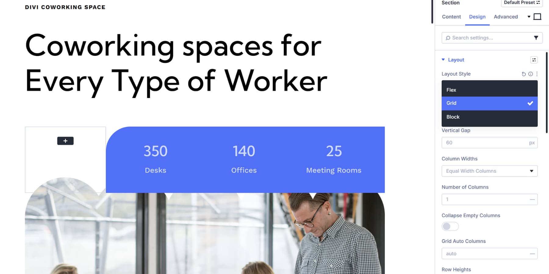 A screenshot of the option to change existing layouts to grid with a click in Divi 5