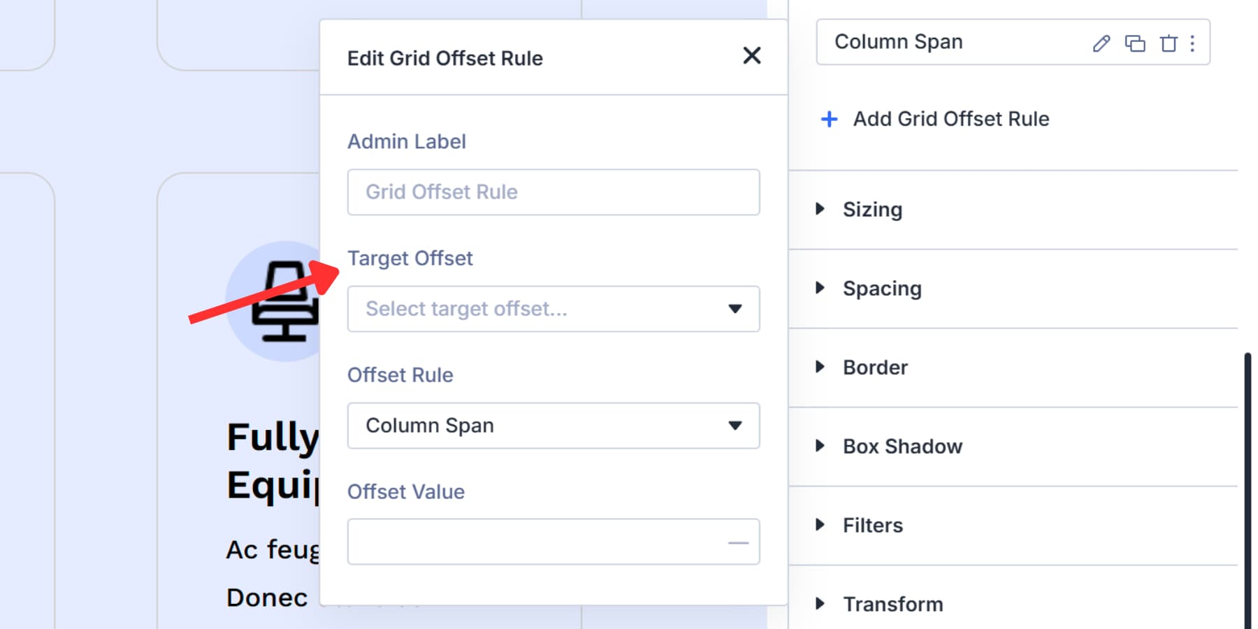 A screenshot of the target offset option under grid offset rules in Divi 5
