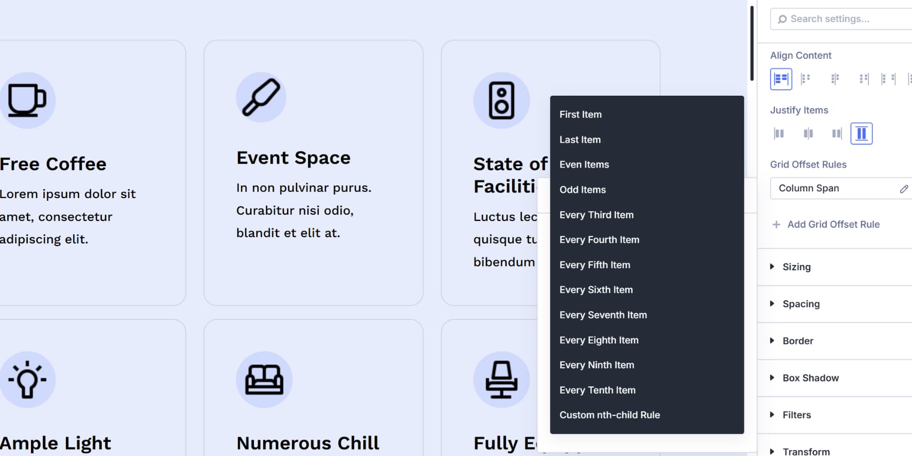 A screenshot of the options available inside the target offset in Divi 5