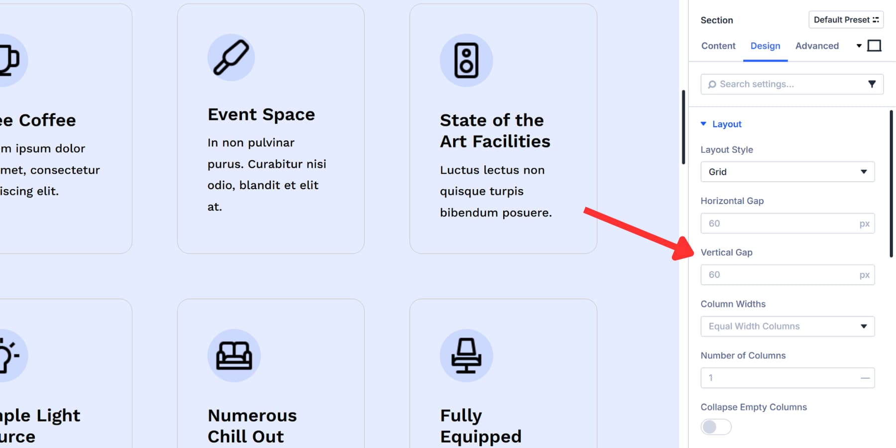 A screenshot of the vertical gap option available in Divi 5's grid options