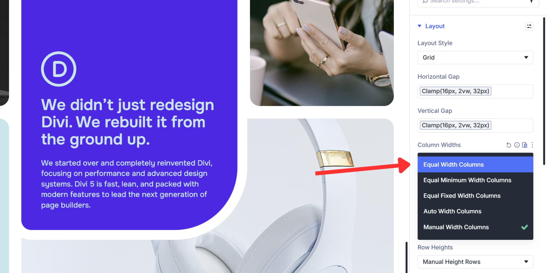 A screenshot of the where to find the column widths option in Divi 5