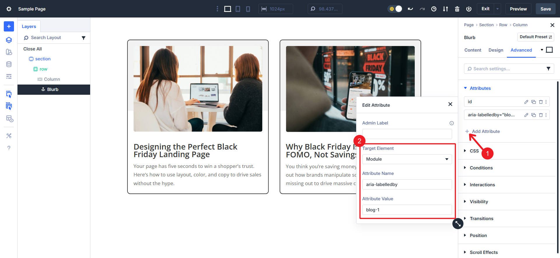 Add Labelledby Aira to the Whole Blurb Module to Reference the Title ID