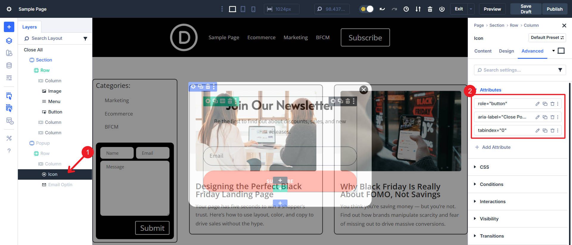 Close Popup Icon Attributes