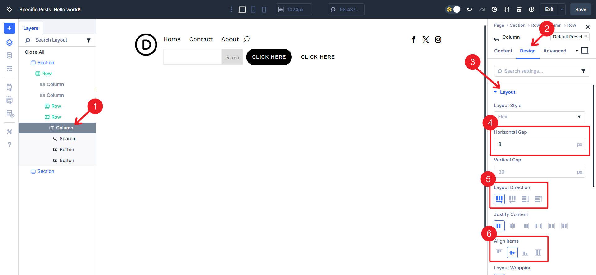 Set Utility Row's Column Flex settings with horz gap, flex direction row, and align items center
