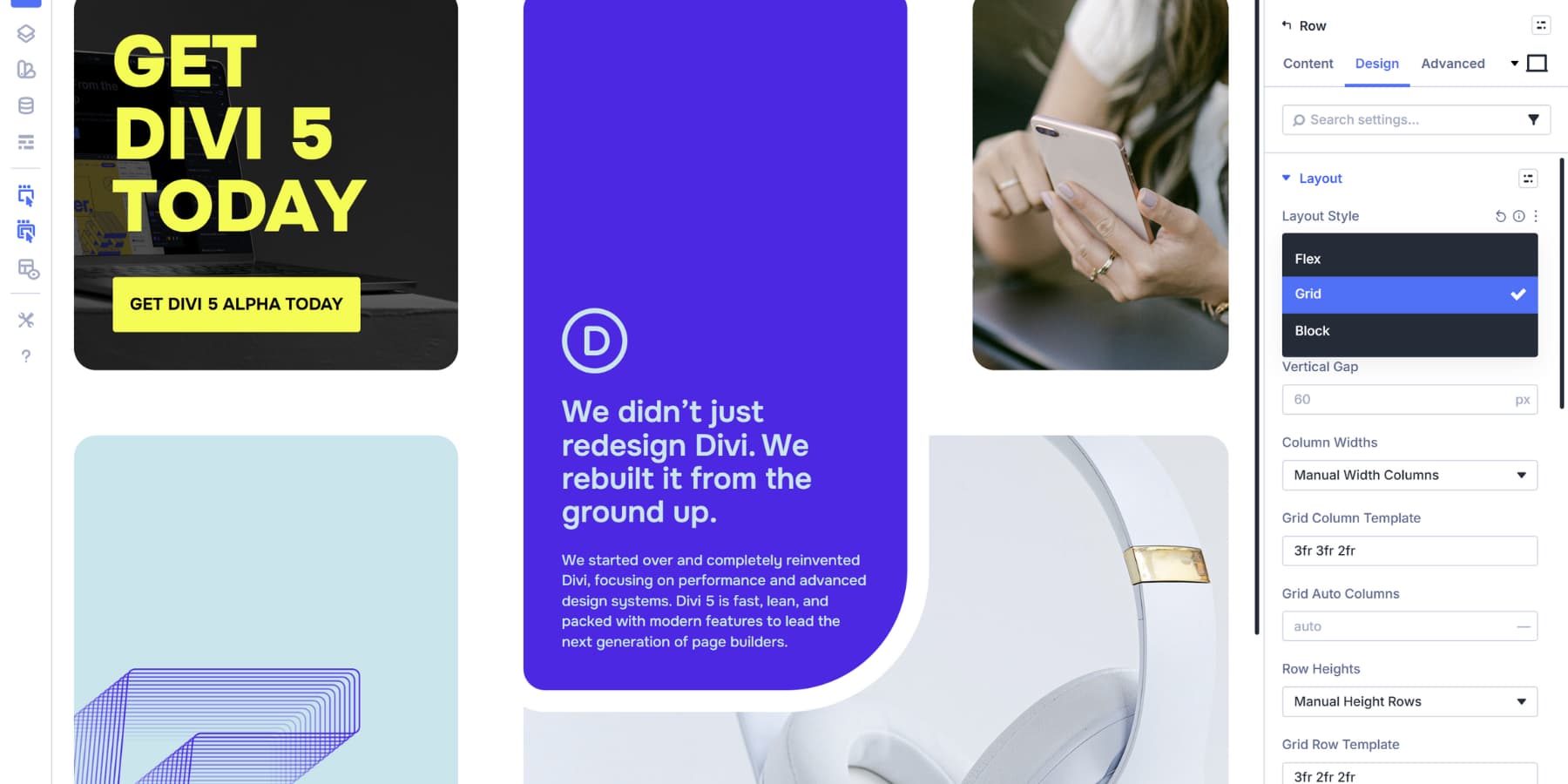 A screenshot of applying grid layout style to a row in DIvi 5