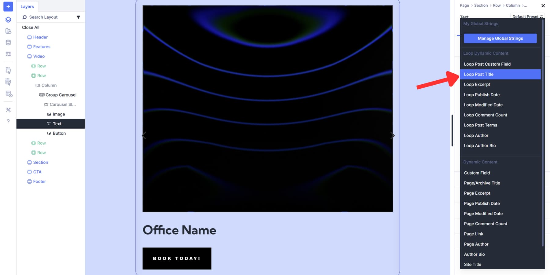 A screenshot of connecting to the loop post title dynamic content in Divi 5 modules