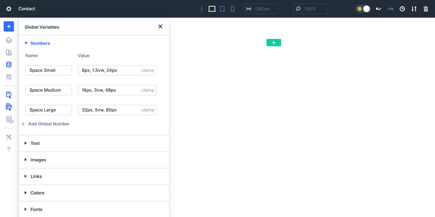 A screenshot of various space ramps added to Divi 5's number design variables