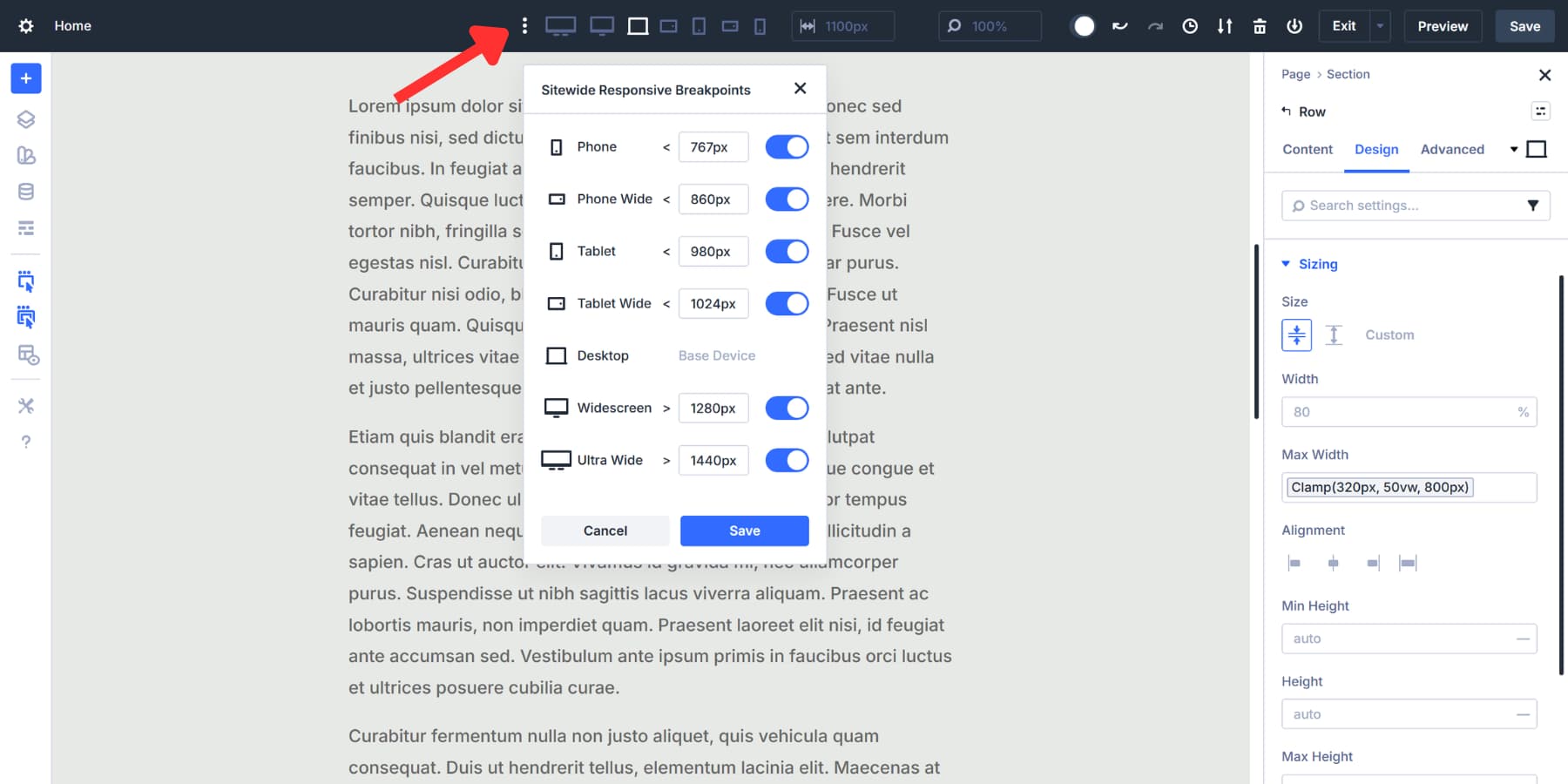 A screenshot of how to enable multiple breakpoints in Divi 5