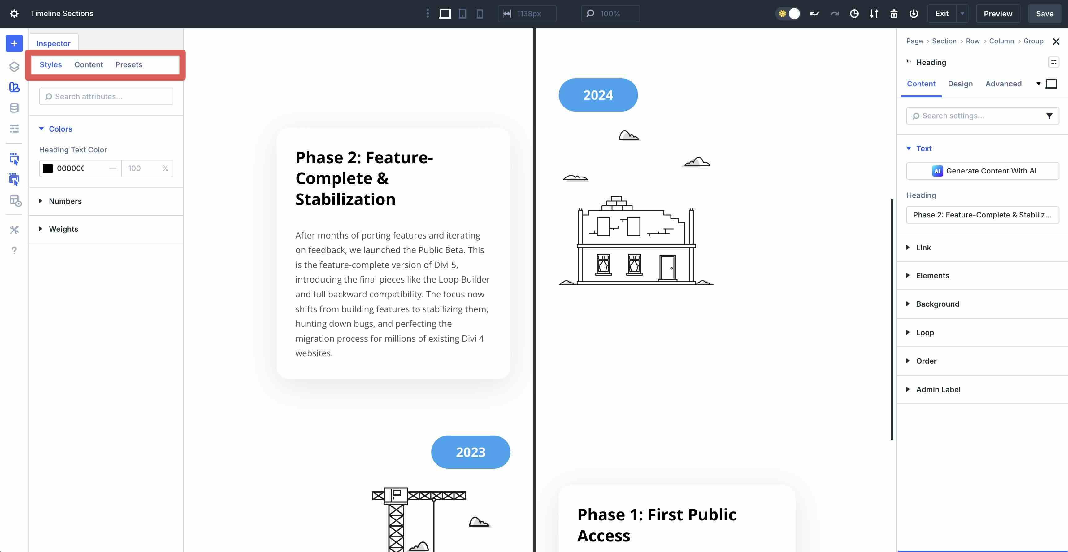Divi 5 Inspector tabs