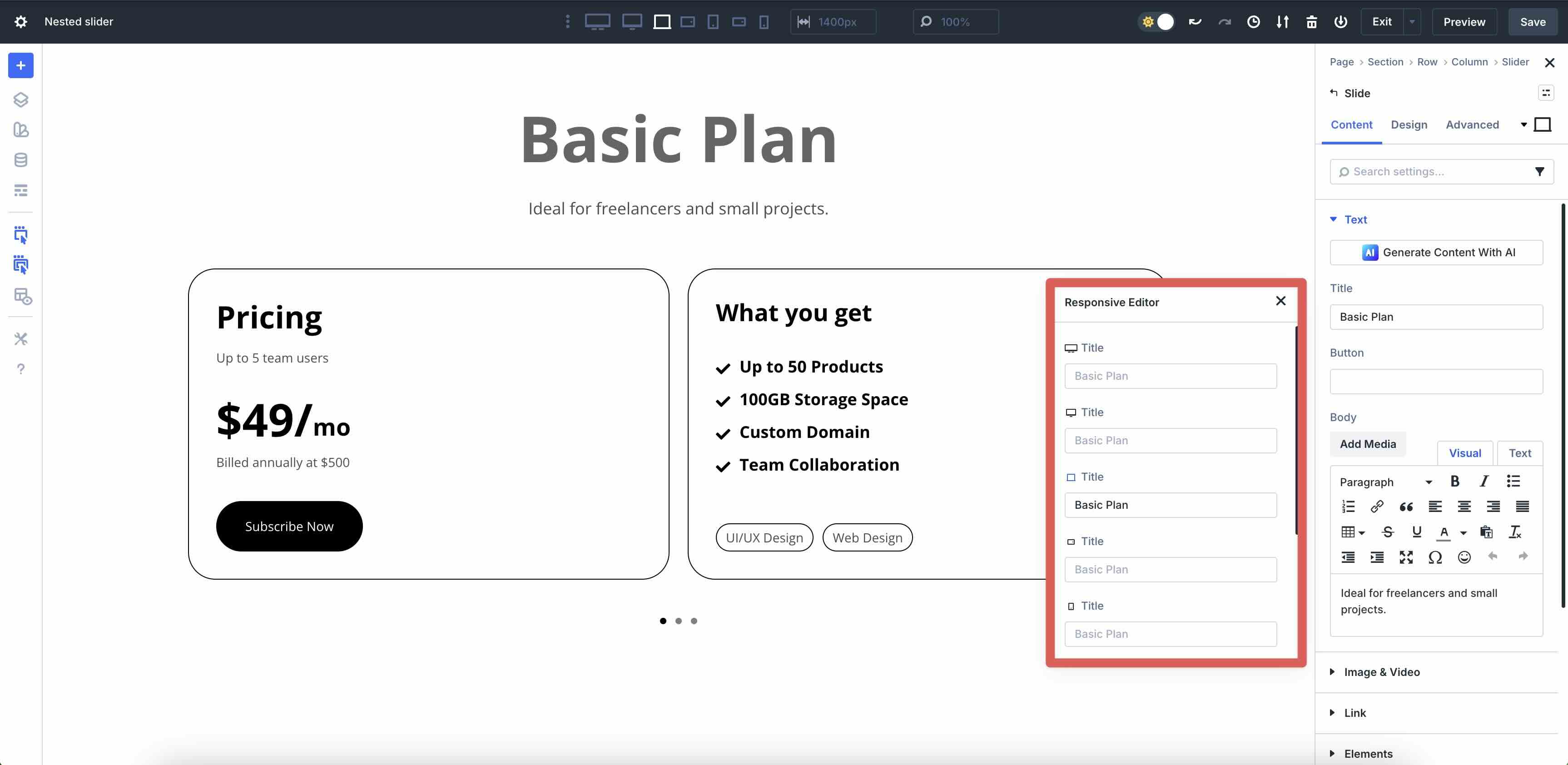 responsive editor modal