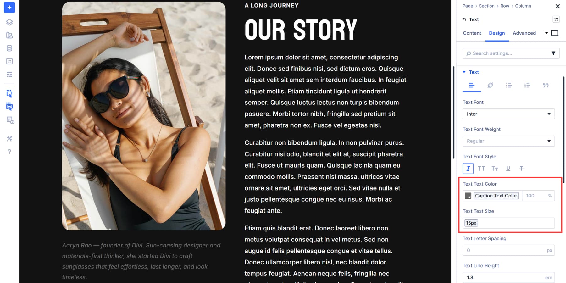 A screenshot of using dynamic variables for a figcaption styling of an image in Divi 5