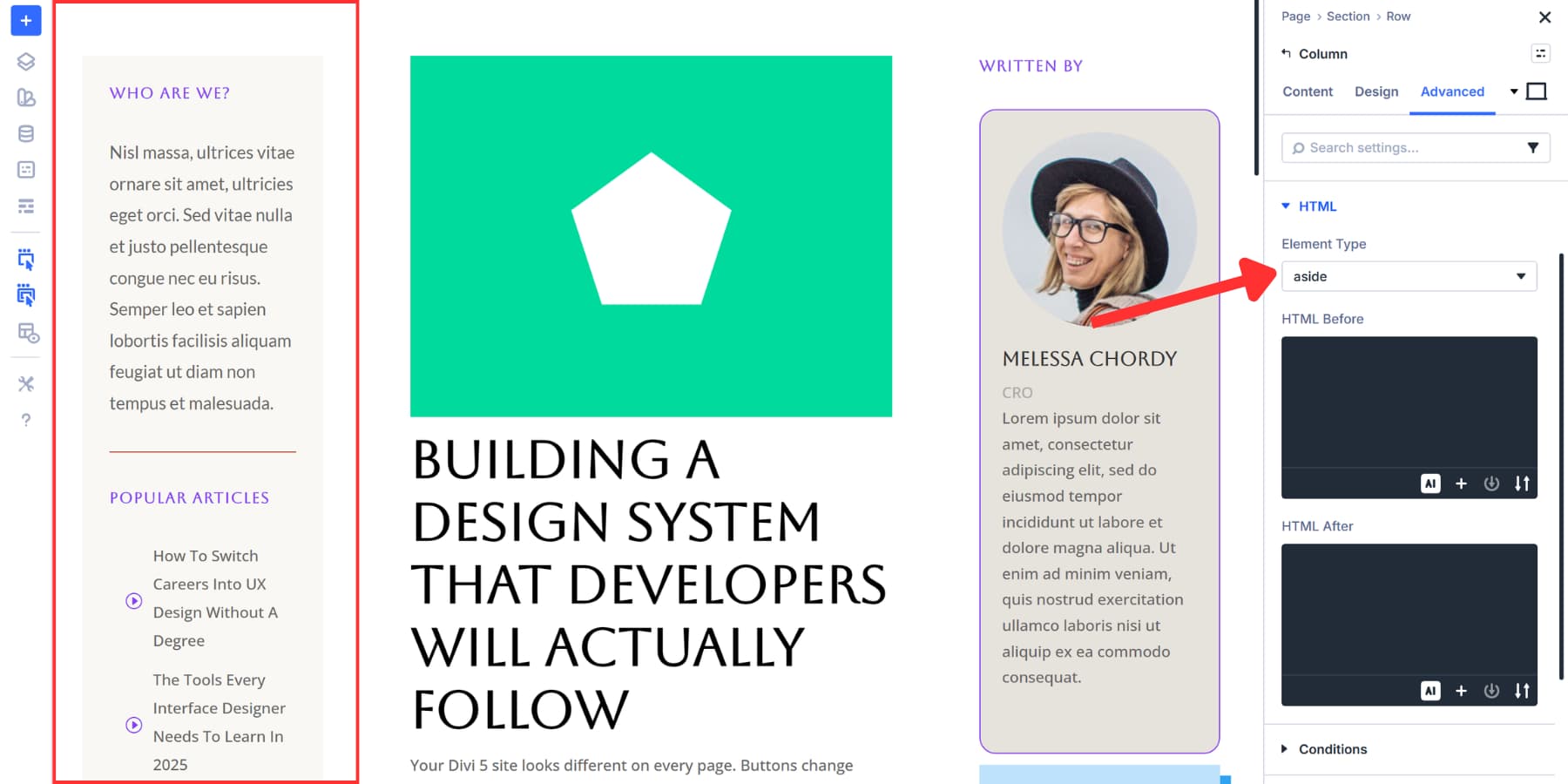 A screenshot of applying aside HTML element type to the left sidebar in Divi 5