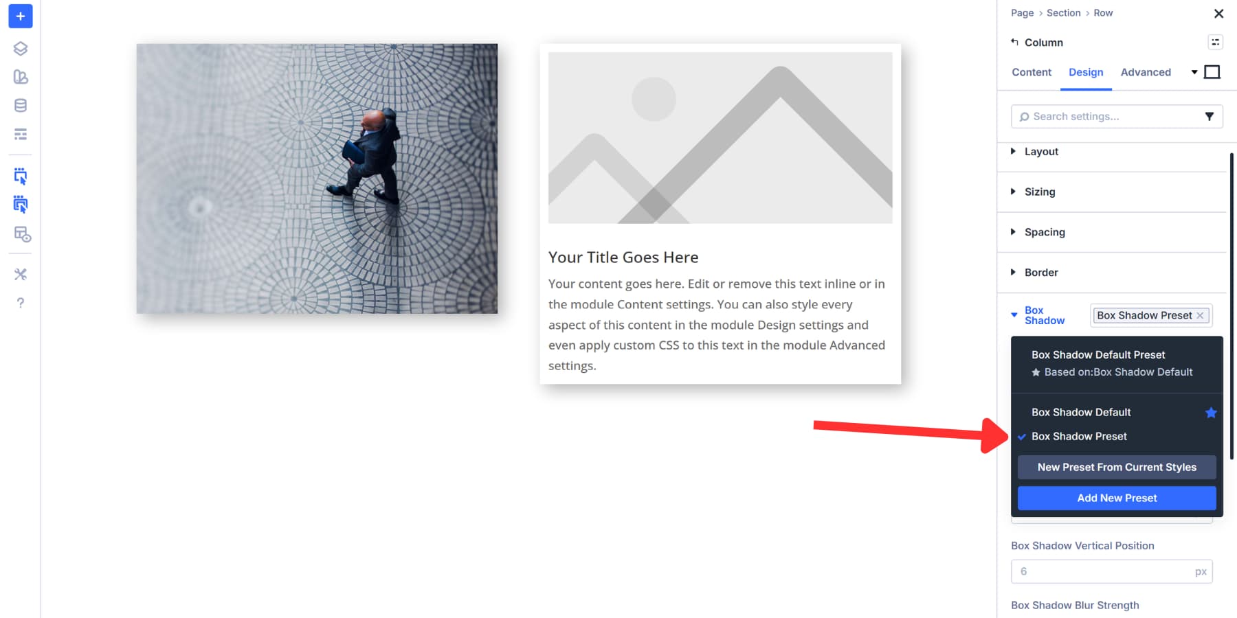 A screenshot of using the option group preset from an image on a column in Divi 5