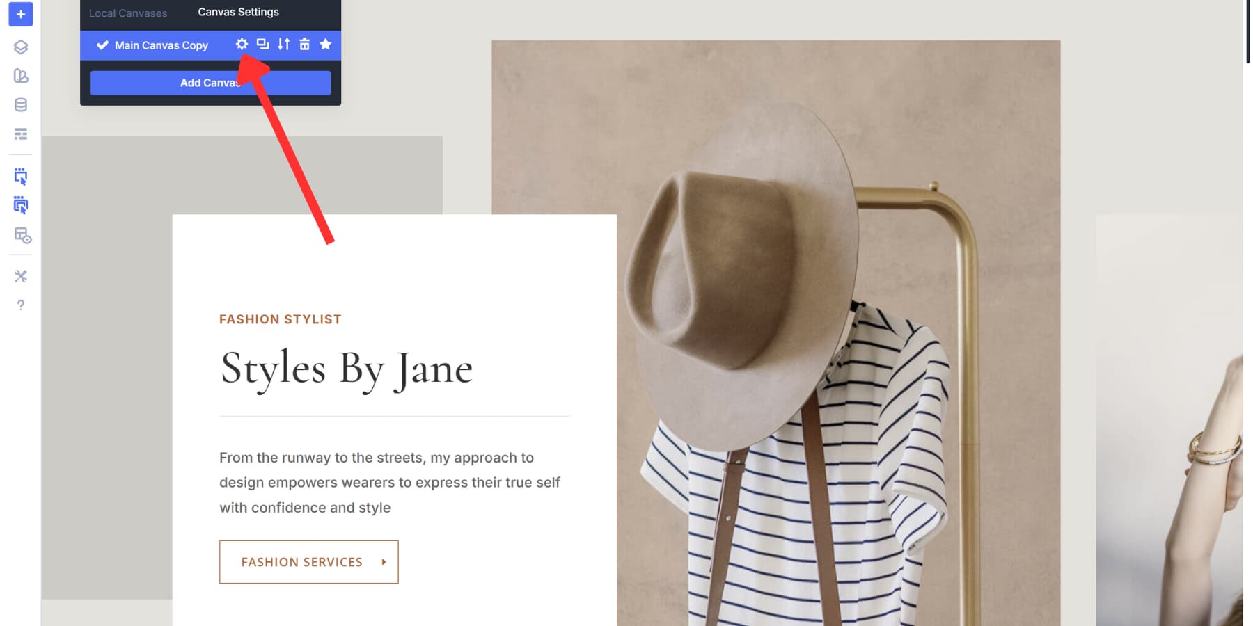 A screenshot where to find the settings icon for a canvas in Divi 5