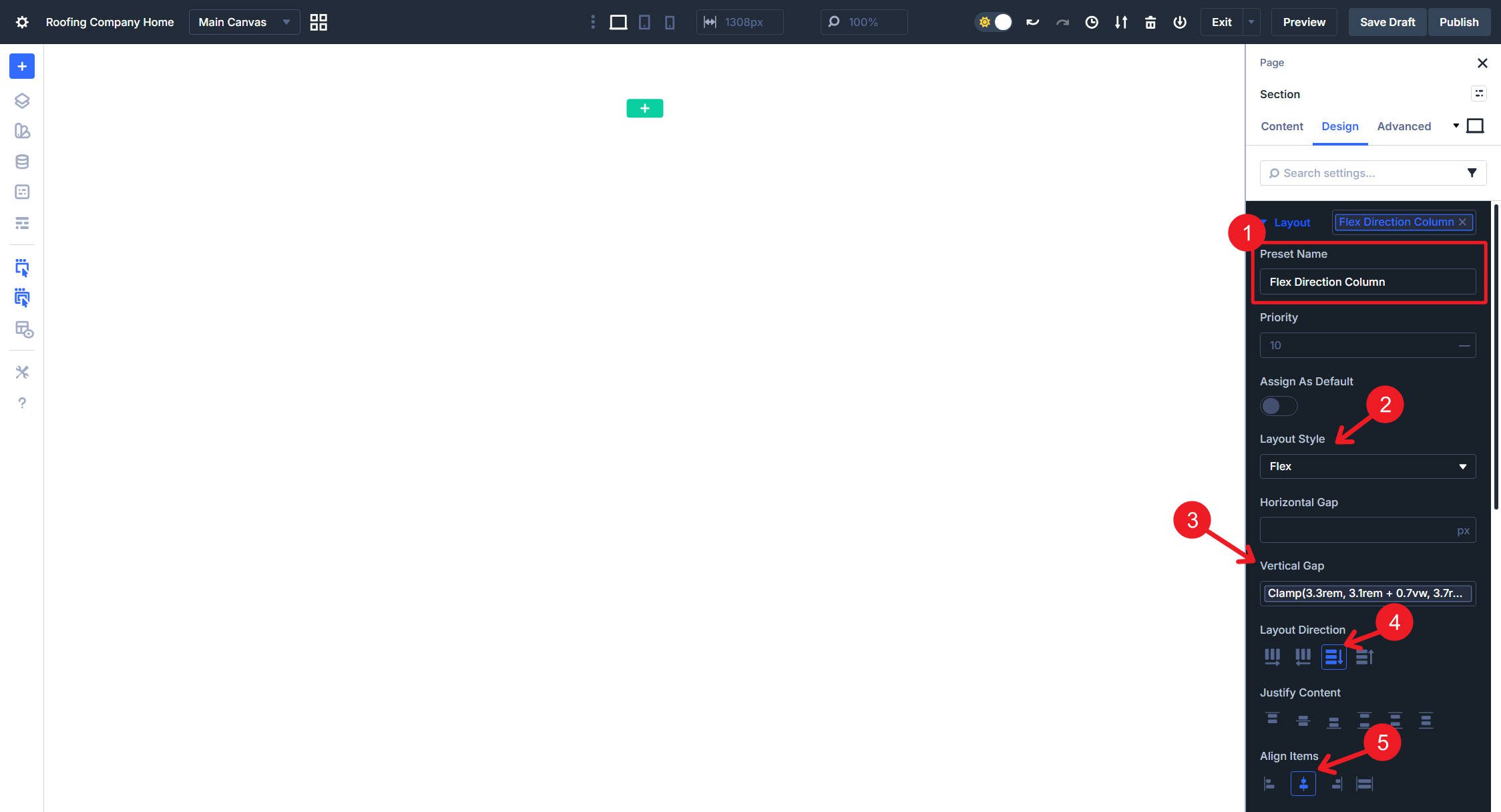 Creating the Flex Direction Column Option Preset with Gap and Flex settings