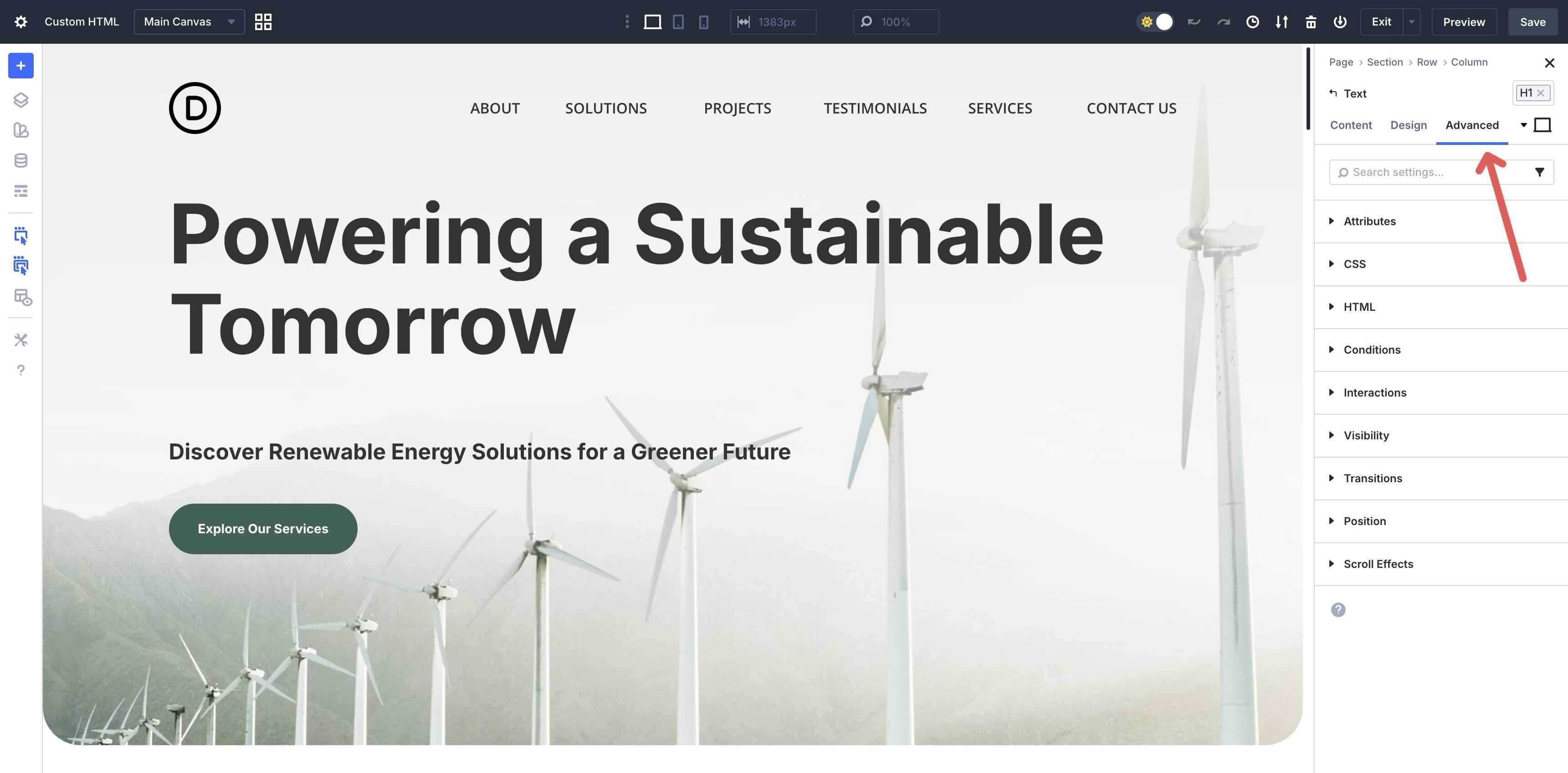 advanced tab in Divi 5