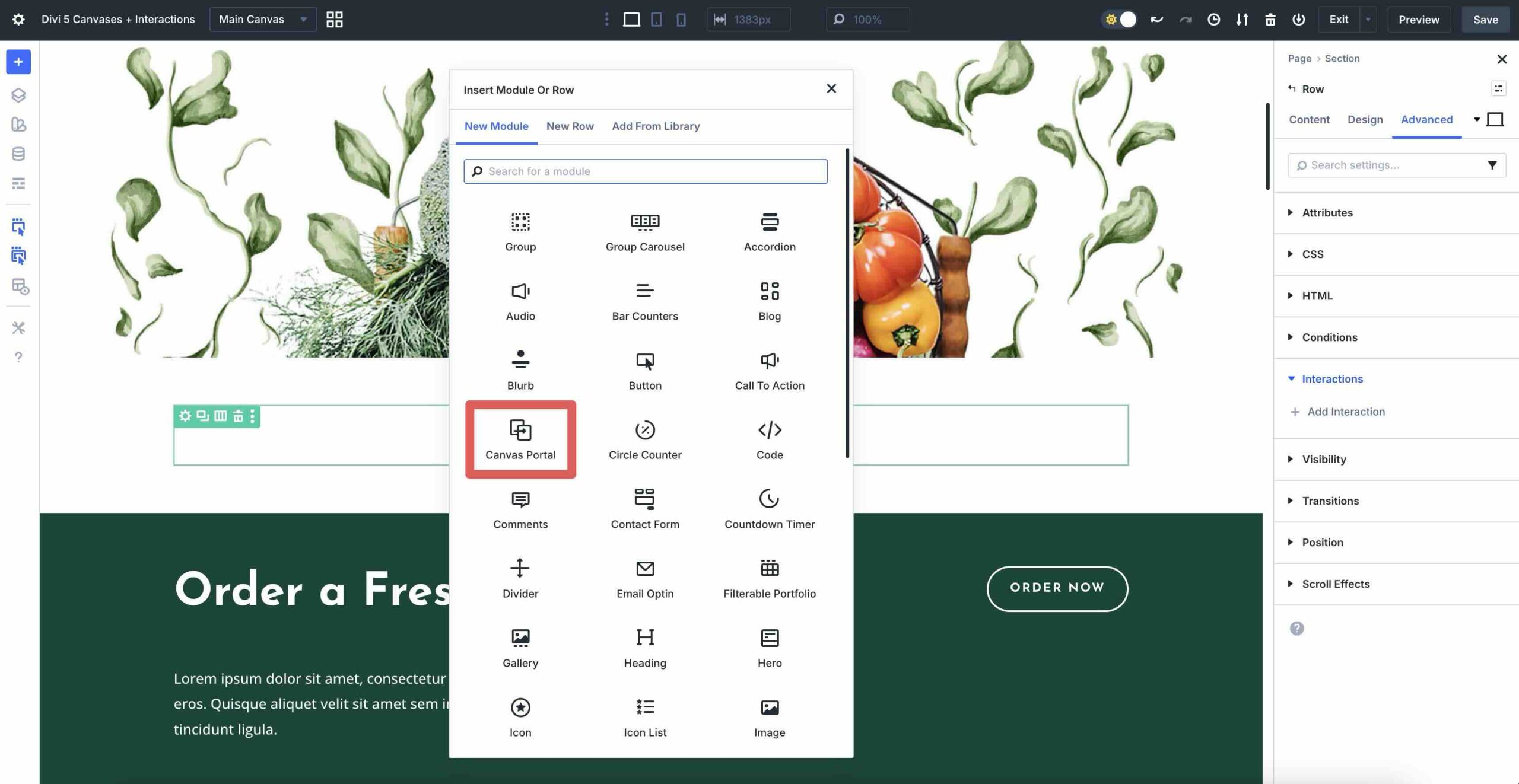 canvas portal module in Divi 5