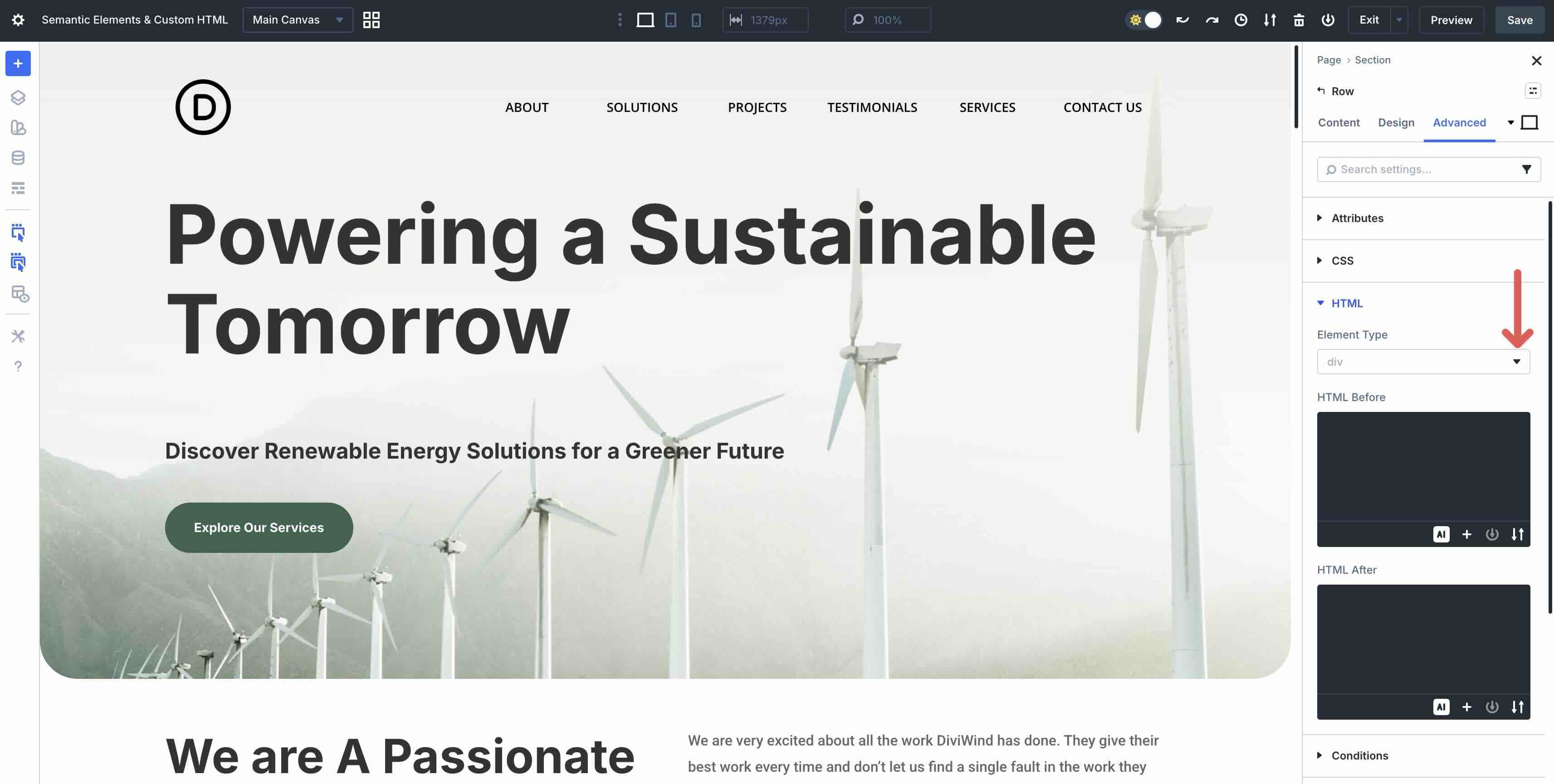 element type dropdown menu