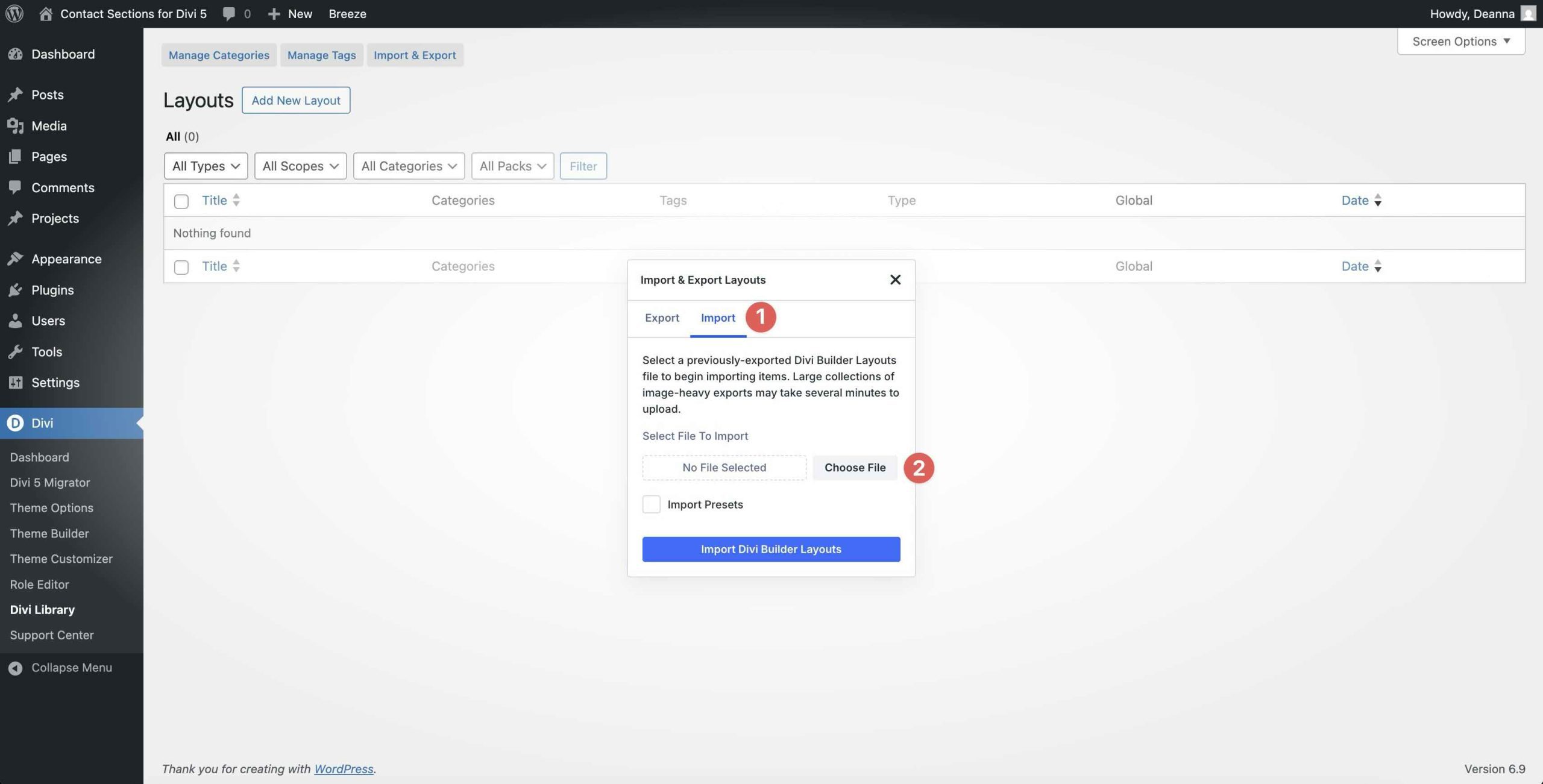 import Divi Library layout