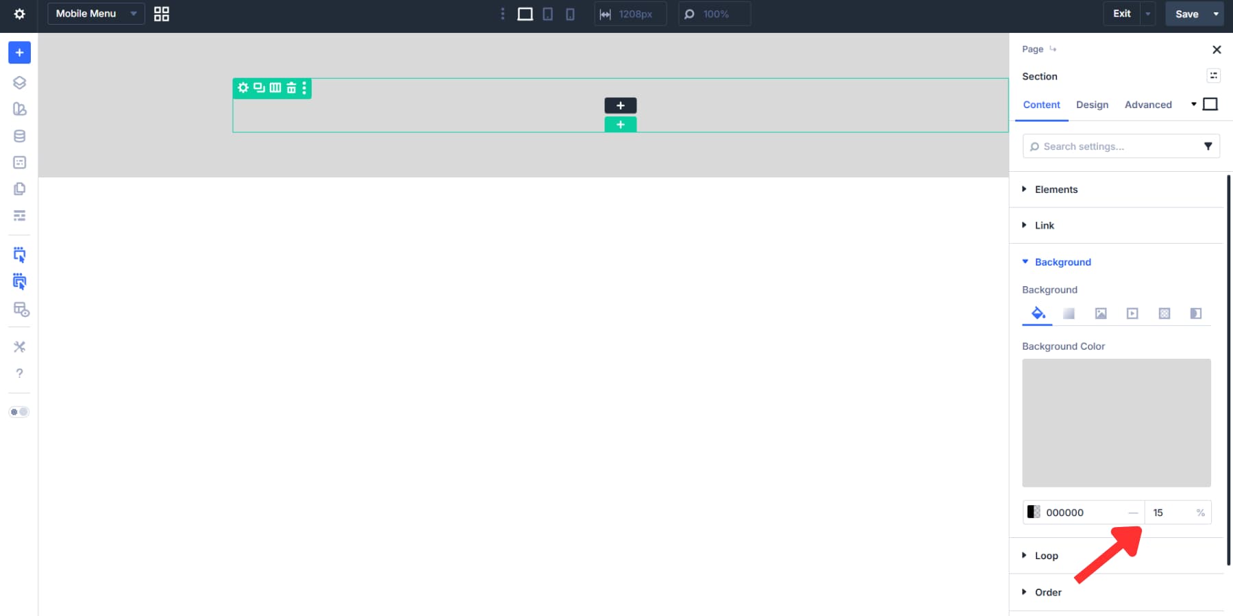A screenshot of adding a black fade to the section background