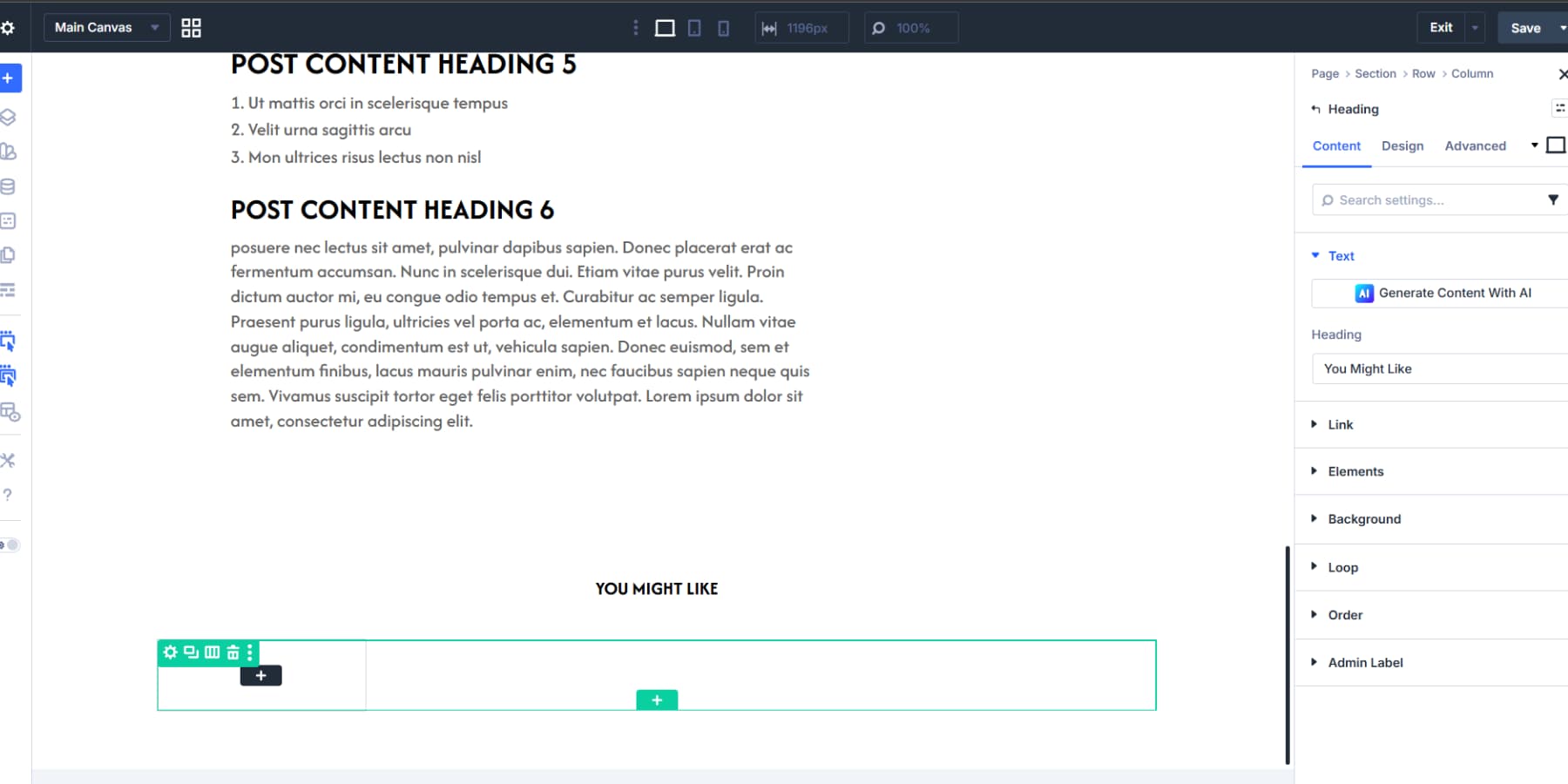 A screenshot of adding a subheading for the more posts section in Divi 5's theme builder