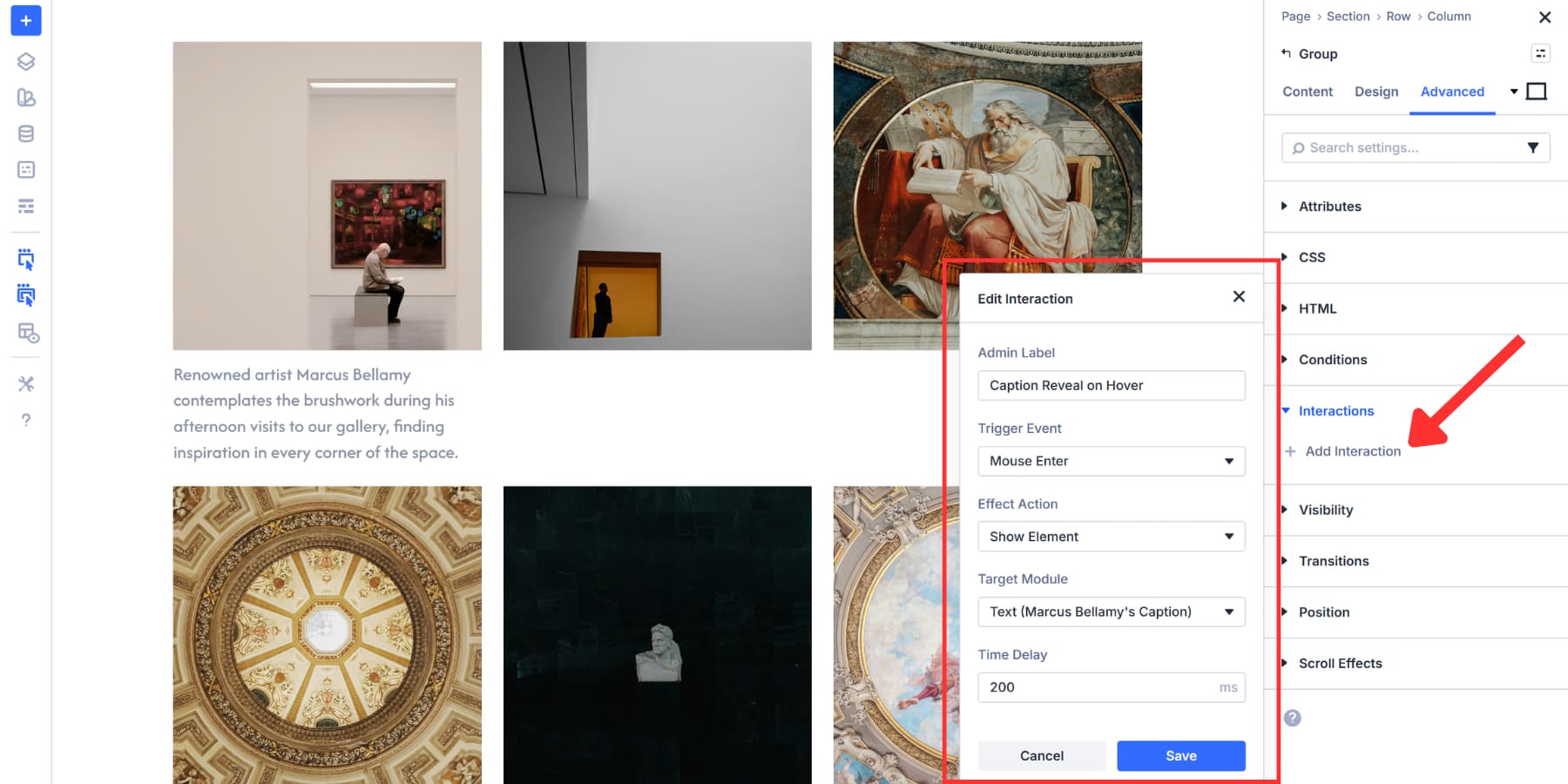A screenshot of adding an interaction and what settings to use in Divi 5