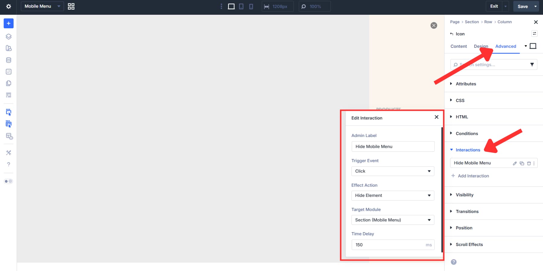 A screenshot of adding hide mobile menu trigger interaction to the close icon in Divi 5