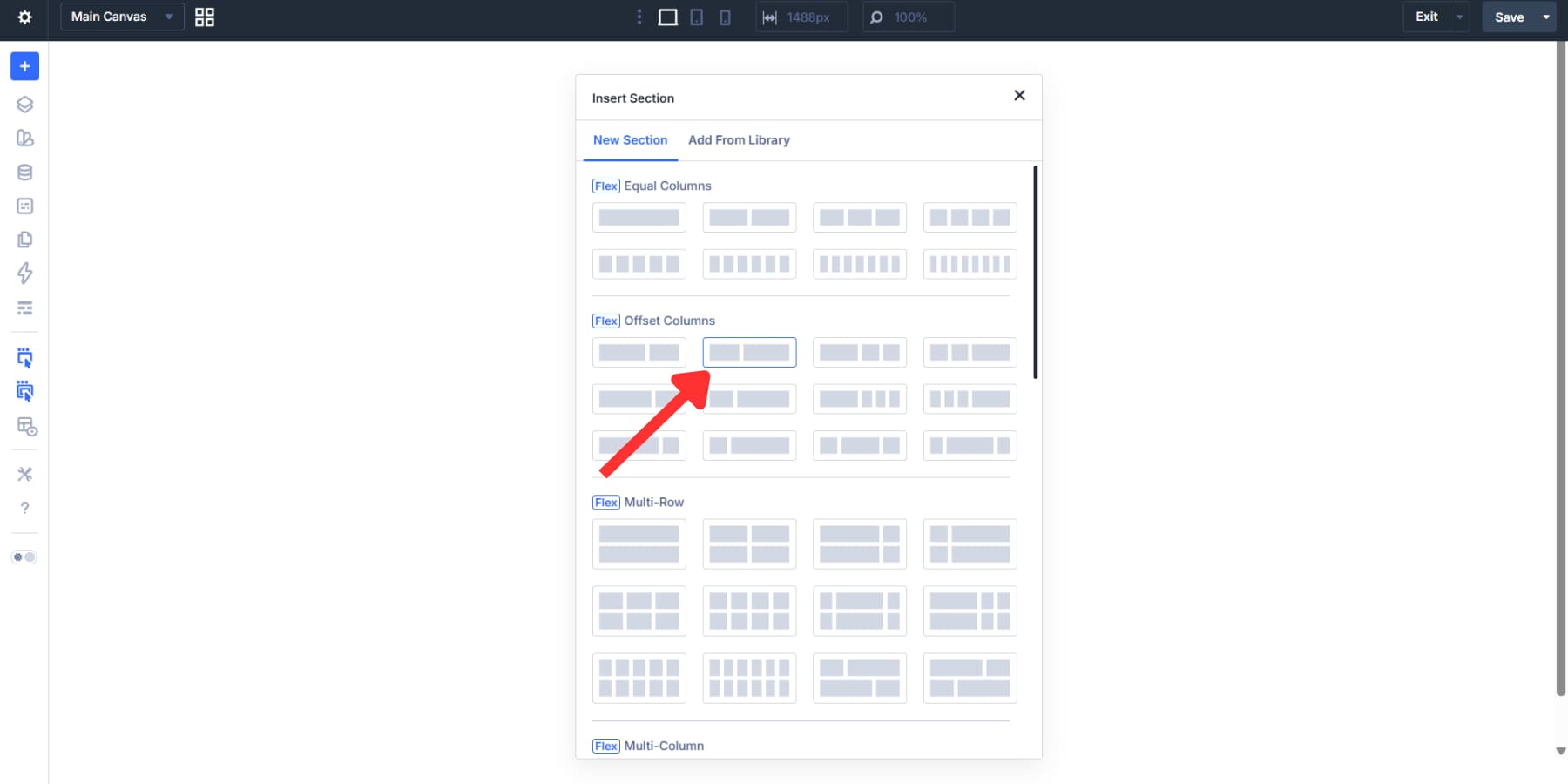 A screenshot of adding the first section with two-column 2/5–3/5 split