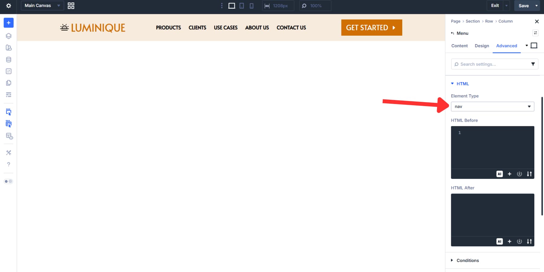A screenshot of adding the nav element type to the menu module for proper markup in Divi 5
