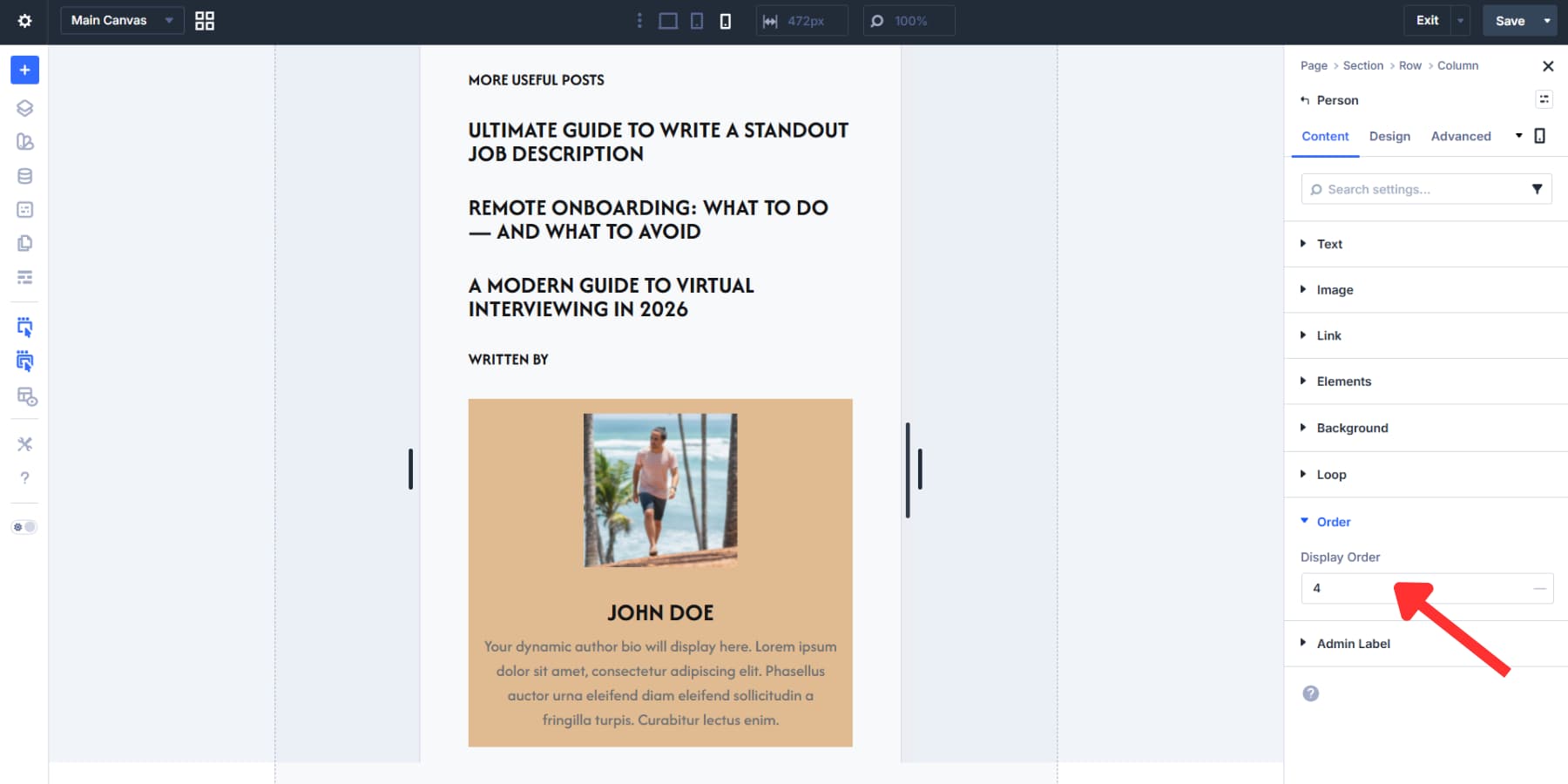 A screenshot of adding the order to the author item to be the last item in the sidebar