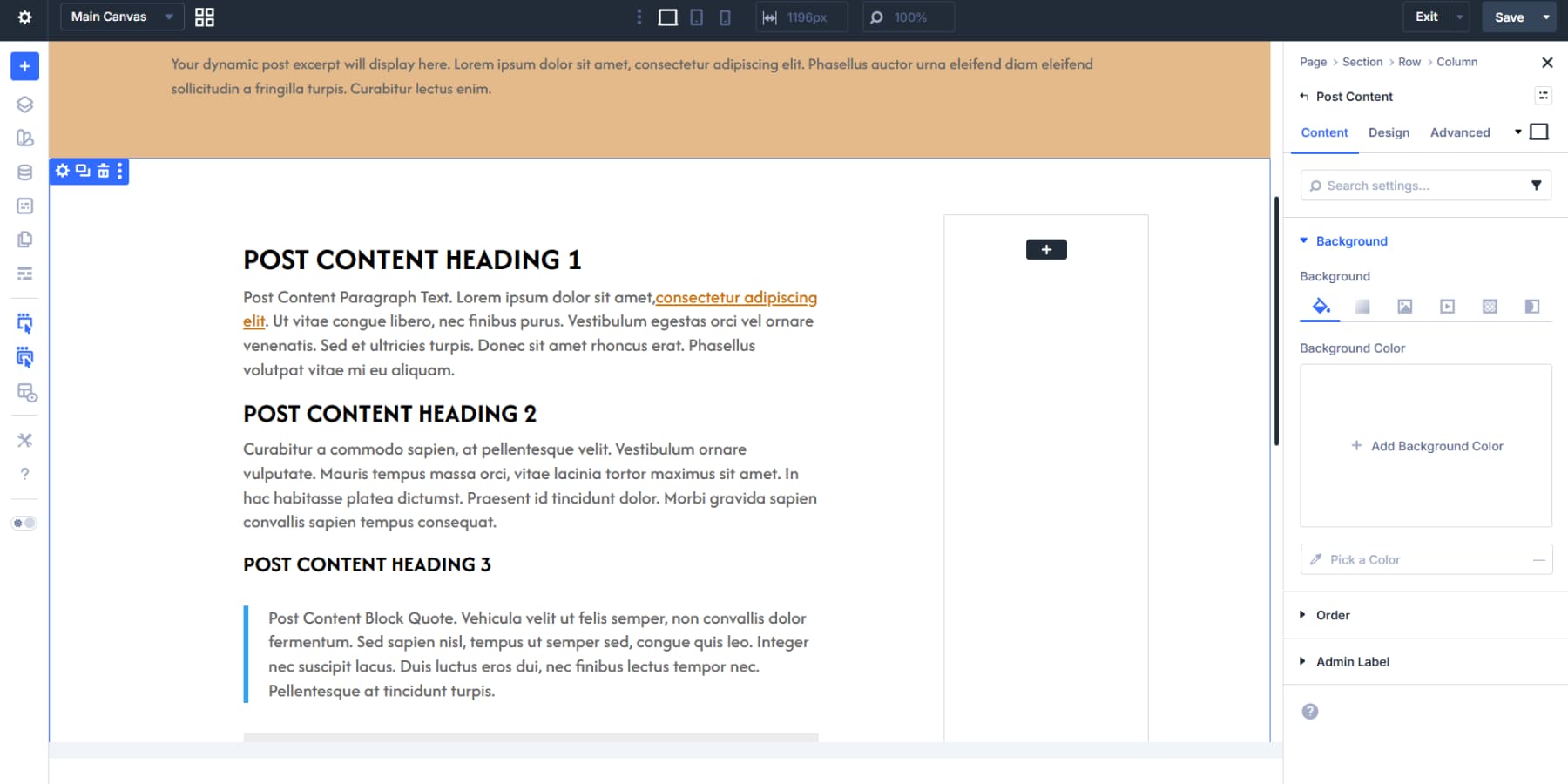 A screenshot of adding the post content module to the wider column in Divi 5